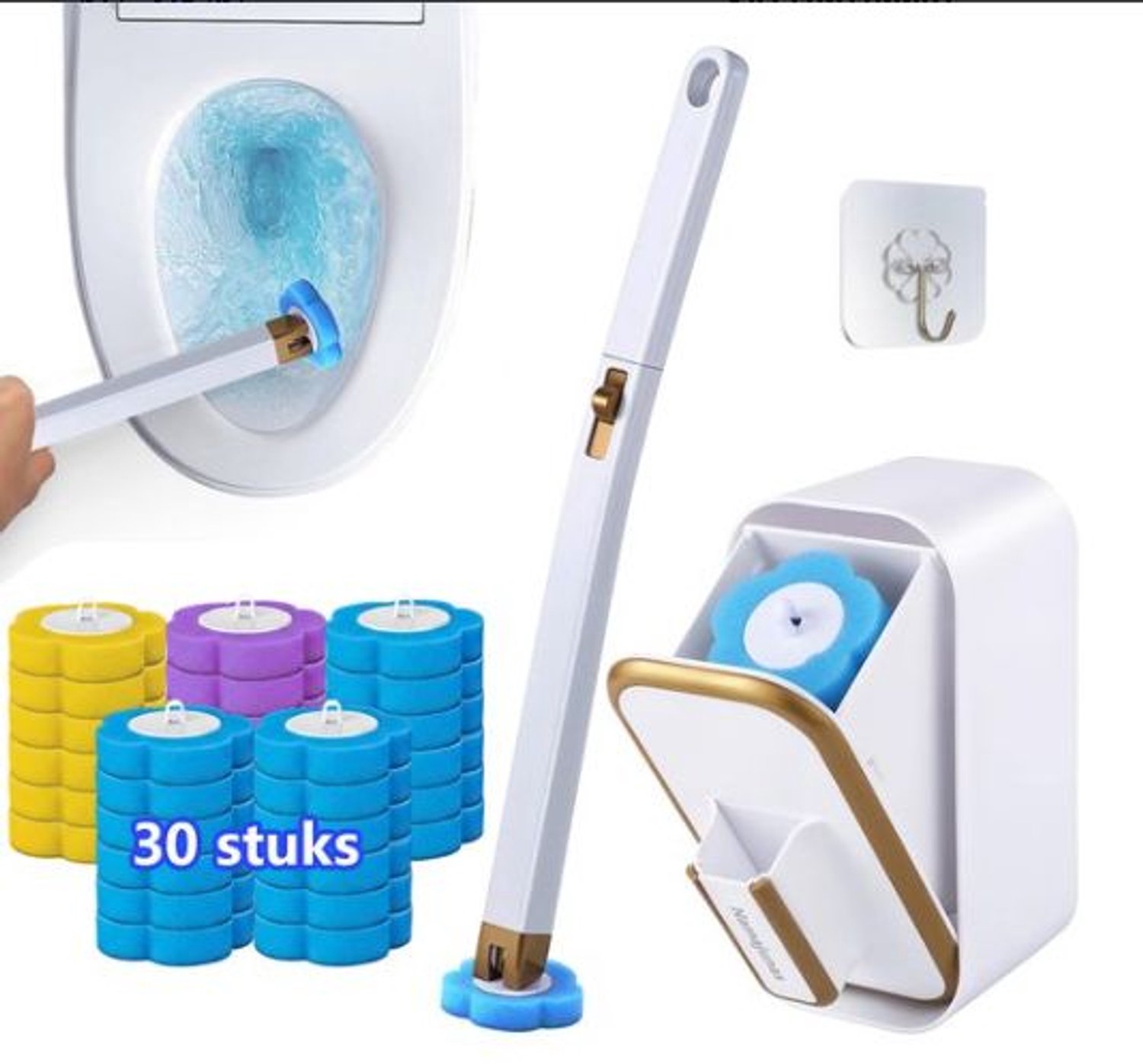 Toiletborstel met Houder voor Toilet en Badkamer - 30 Wegwerpbare Navullingen met 3 Geuren - Verlengde Steel van 40 cm - Wandmontage Zonder Boren - Wit met Goud