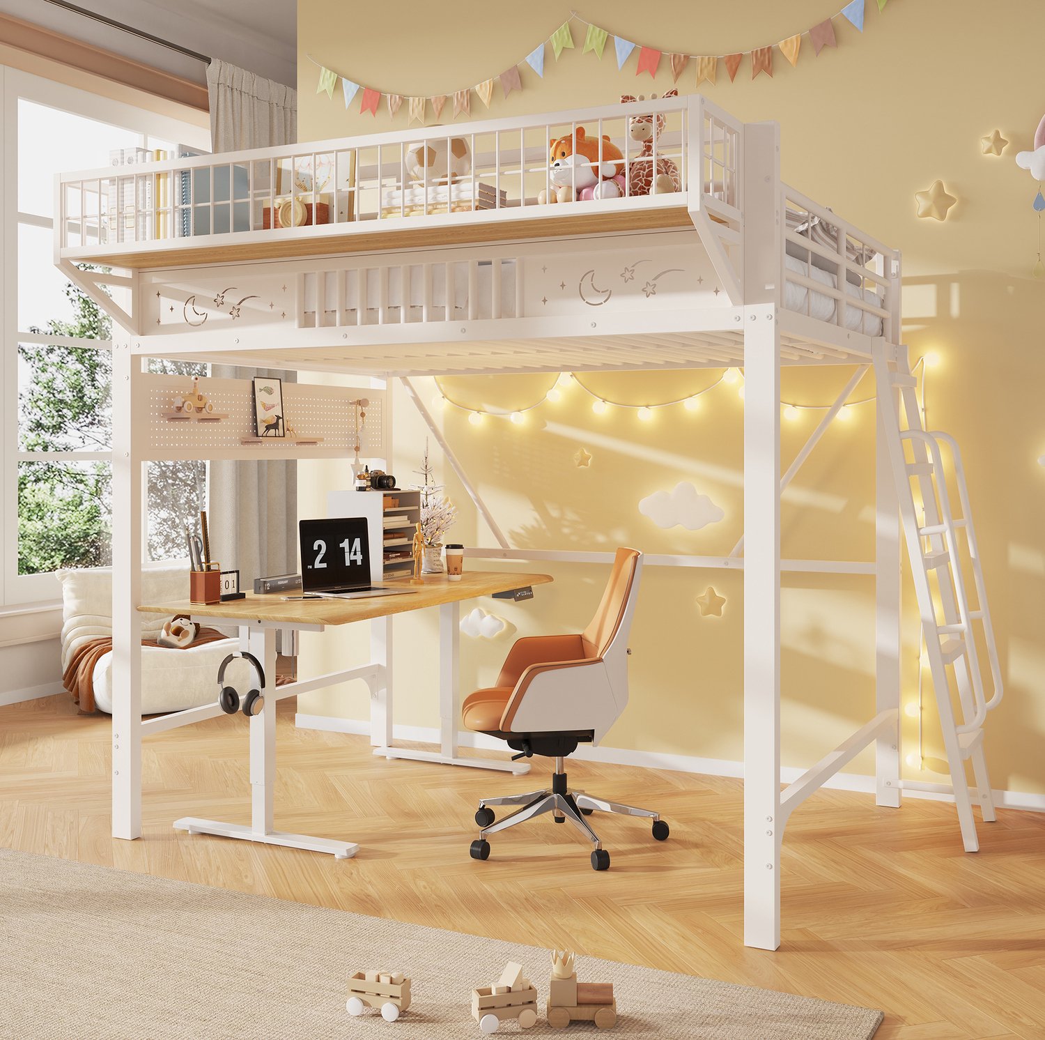 Wishdor Hoogslaper 140 x 200 cm - Metalen frame - Opbergvakken - Open ondergedeelte - Sterren- en maanpatroon - Ladder links of rechts - Kinderkamer - Wit