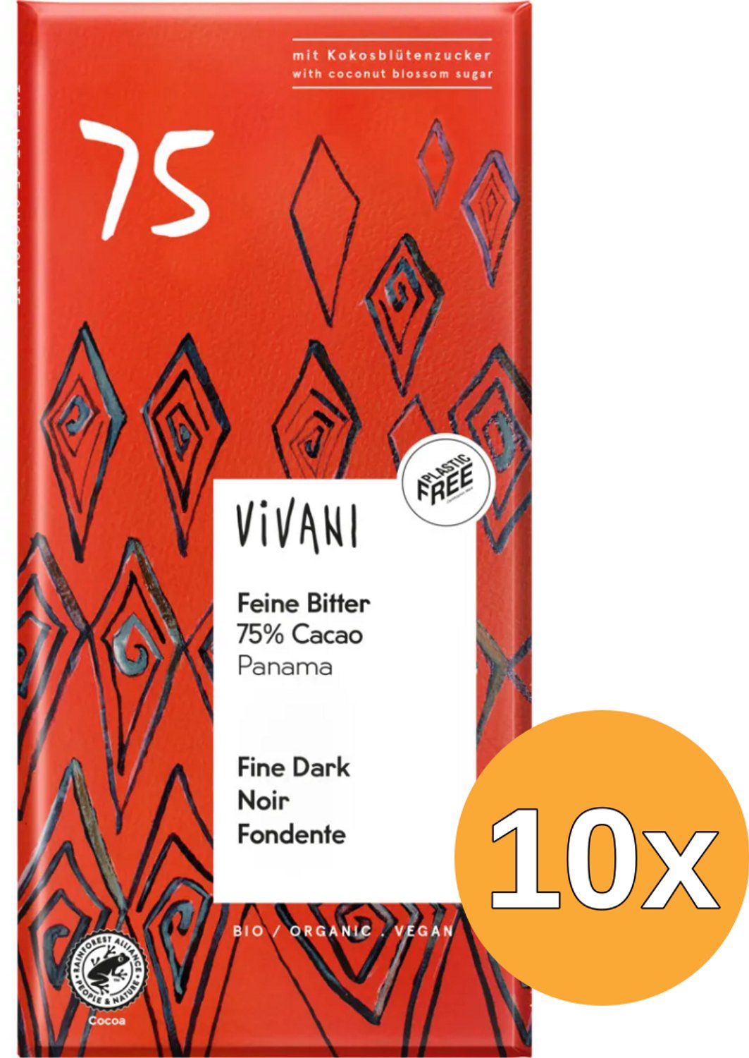 10x Vivani Chocolade Puur Delicaat 75% Panama Bio (80 gr)