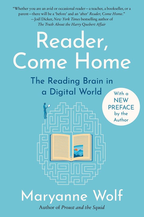 Boekomslag Reader, Come Home: een lichtblauwe achtergrond met een doolhof in de vorm van een brein en een open boek.