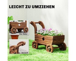 Sunona Verrijdbare plantenbak in wagenvorm - Met 4 wielen en handgreep - Met drainagegaten - Van verkoold dennenhout - 68 x 38 x 52 cm - Verkoolde houtkleur