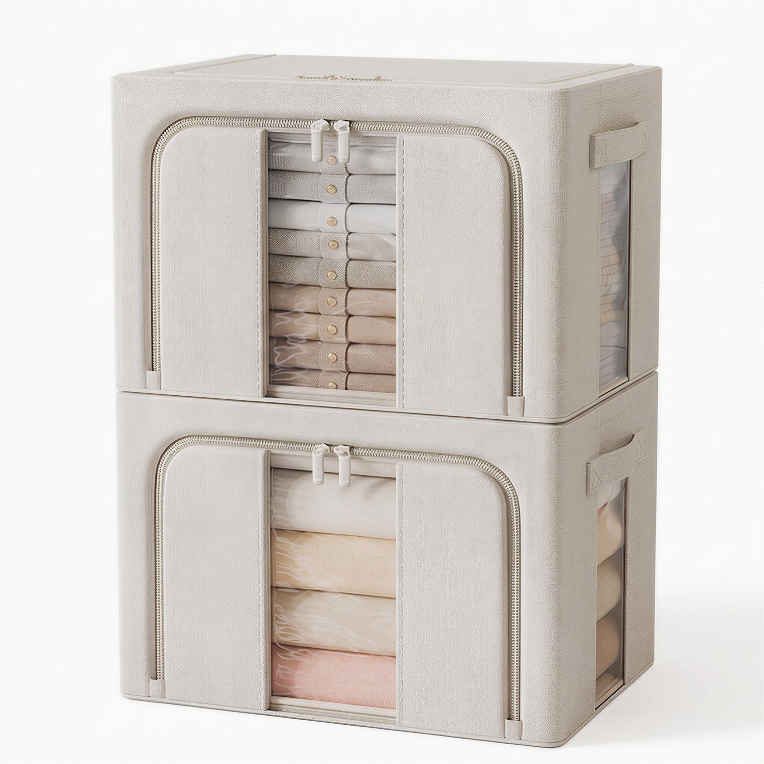 Opvouwbare opbergboxen - Opbergtas - Set van 2 - 66 liter per box - 50 x 40 x 33 cm - Kledingkast Organizer – Zichtvenster – Ritssluiting – Versterkte Handgrepen – Stapelbaar – Beddengoed & Verhuizing - Voor- en bovenopening - Kijkvensters - Beige
