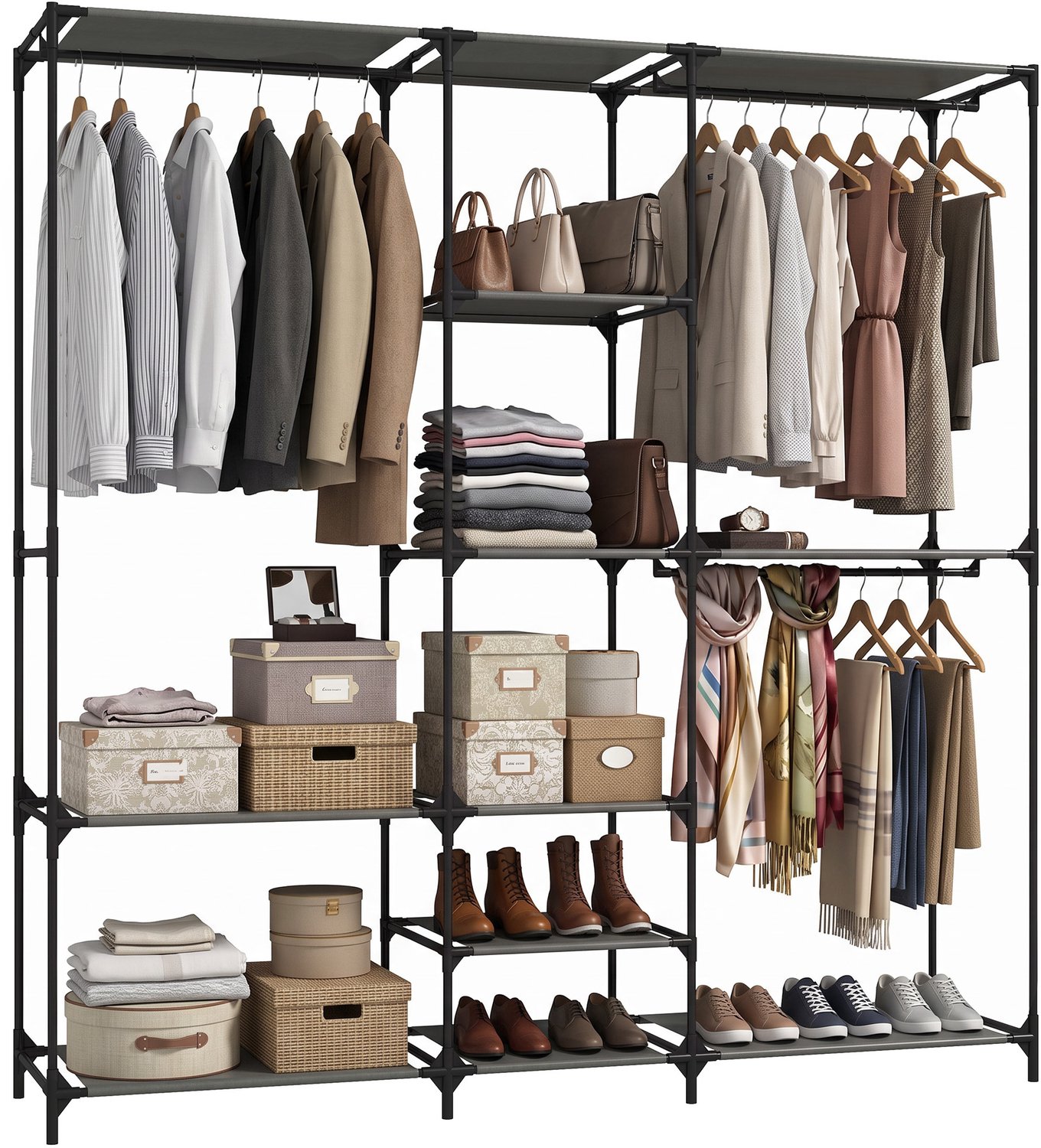 TEKROA® Kledingkasten - Ruimtebesparende open kledingkast - met 3 kledingroedes - 5 planken, stalen frame - 182x43x182 cm - Zwart