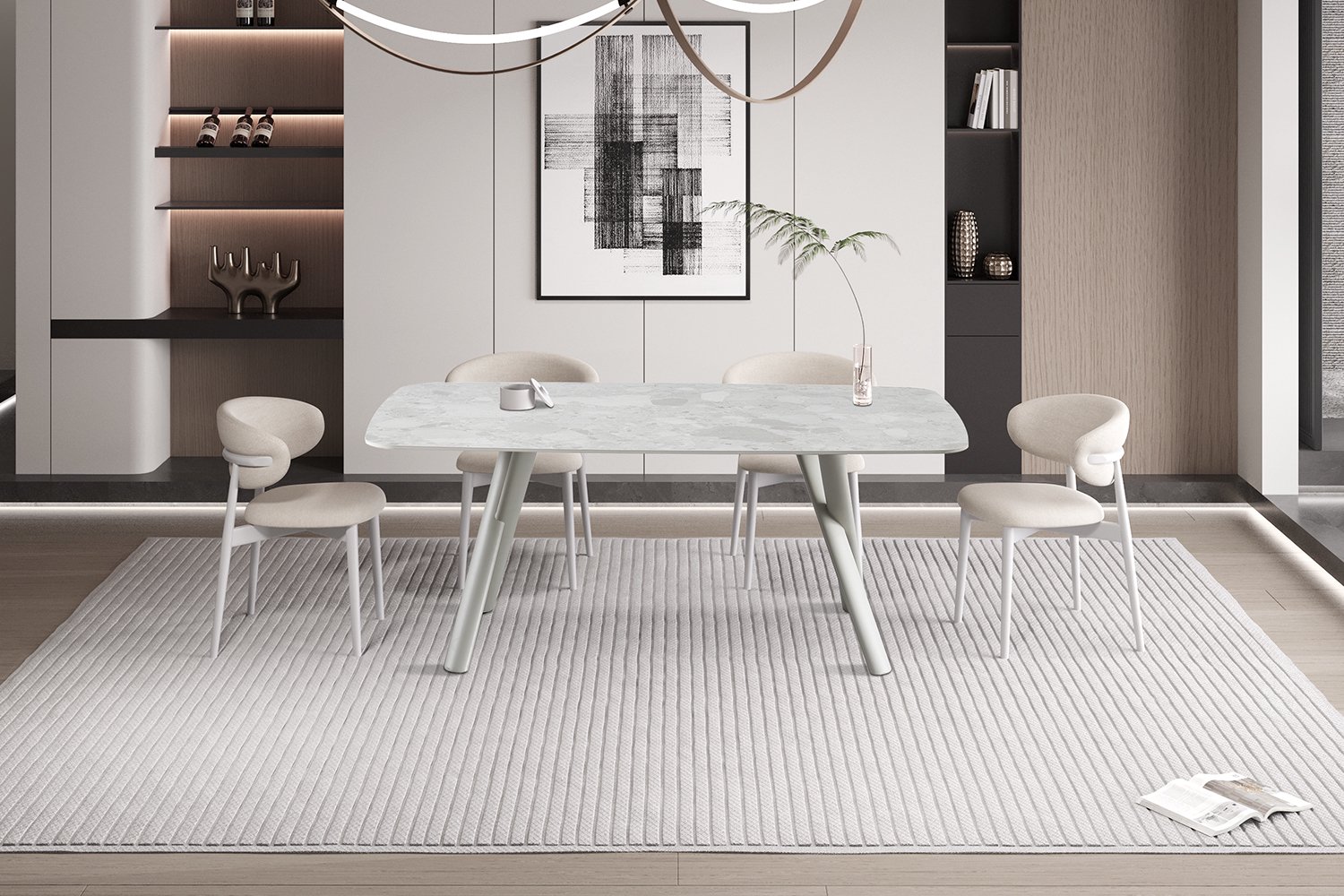 Orion Eettafel – 160 x 90 cm – Beige Stenen Blad – Beige Metalen Onderstel – Afgeronde Hoeken