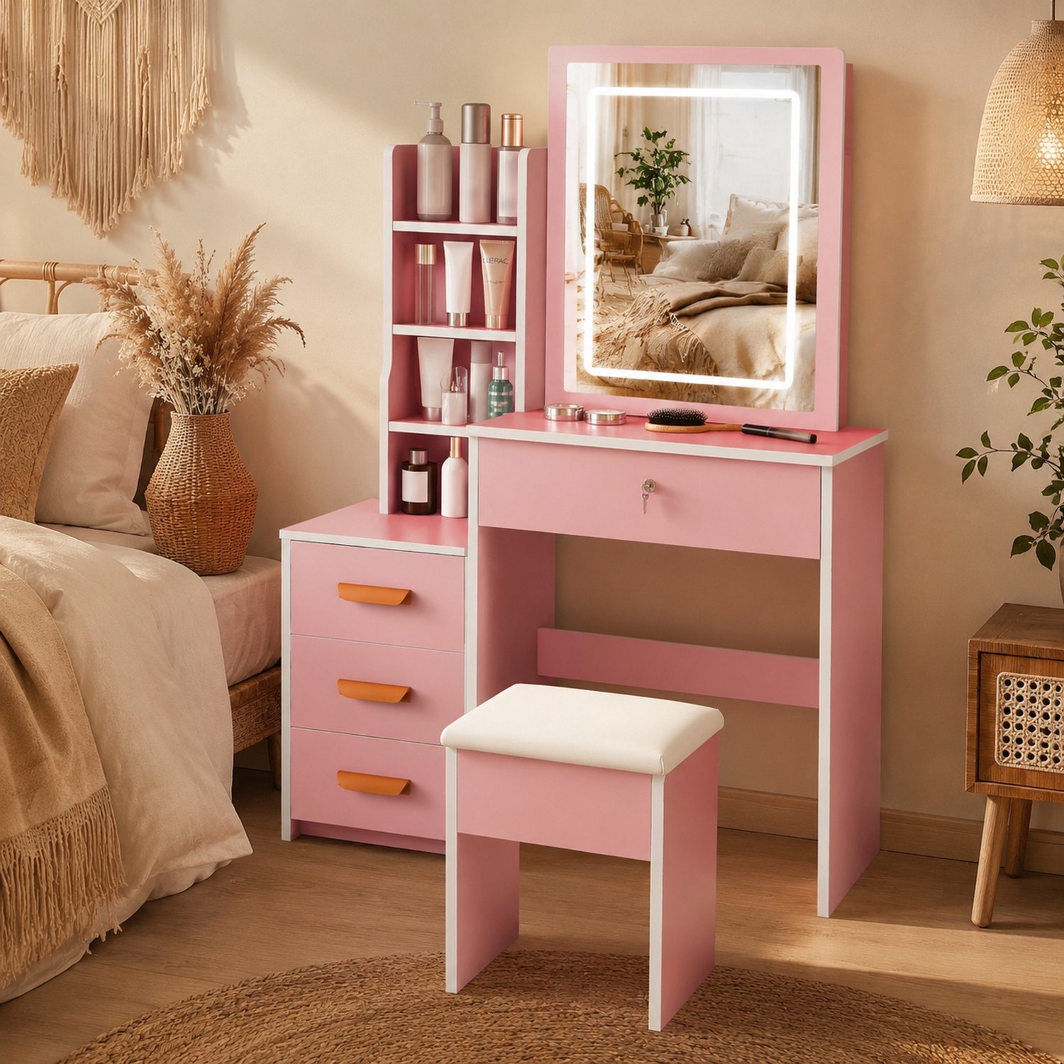 CHICFURN Kaptafel - LED-spiegel - 4 lades - MDF - Roze