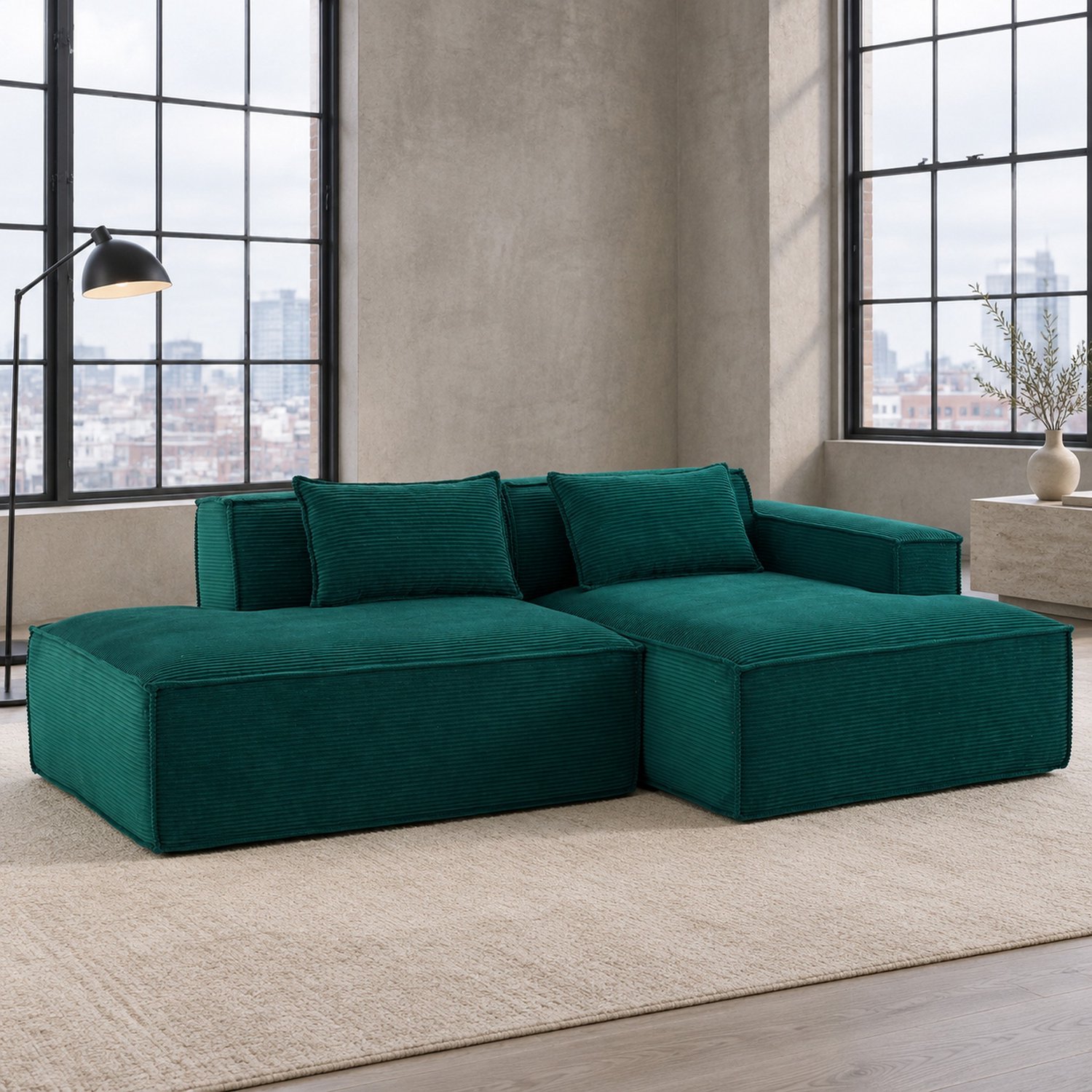 WUVRIE 2-zits hoekbank 235x129x70 cm - Polyester bekleding met vering en 2 kussens - Retro groen Retro Green