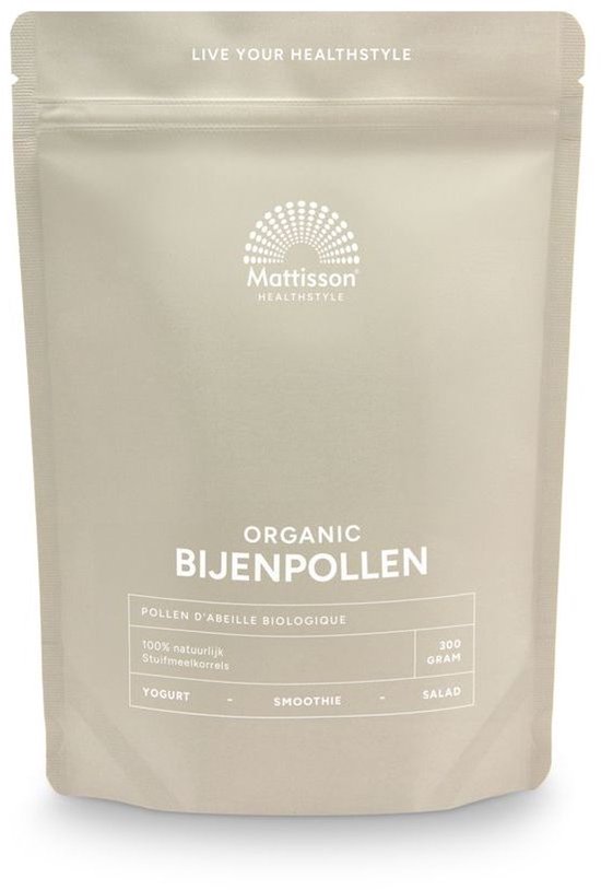 Beige staande zak Mattisson biologische bijenpollen van 300 gram met witte tekst.