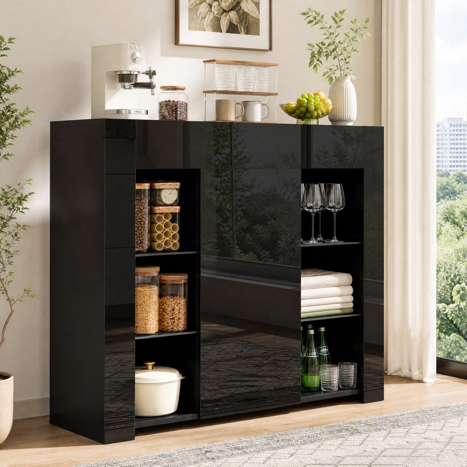 Maisentiel Buffetkast 95 x 35 x 83 cm – hoogglans front, glasplanken en deur – zwart