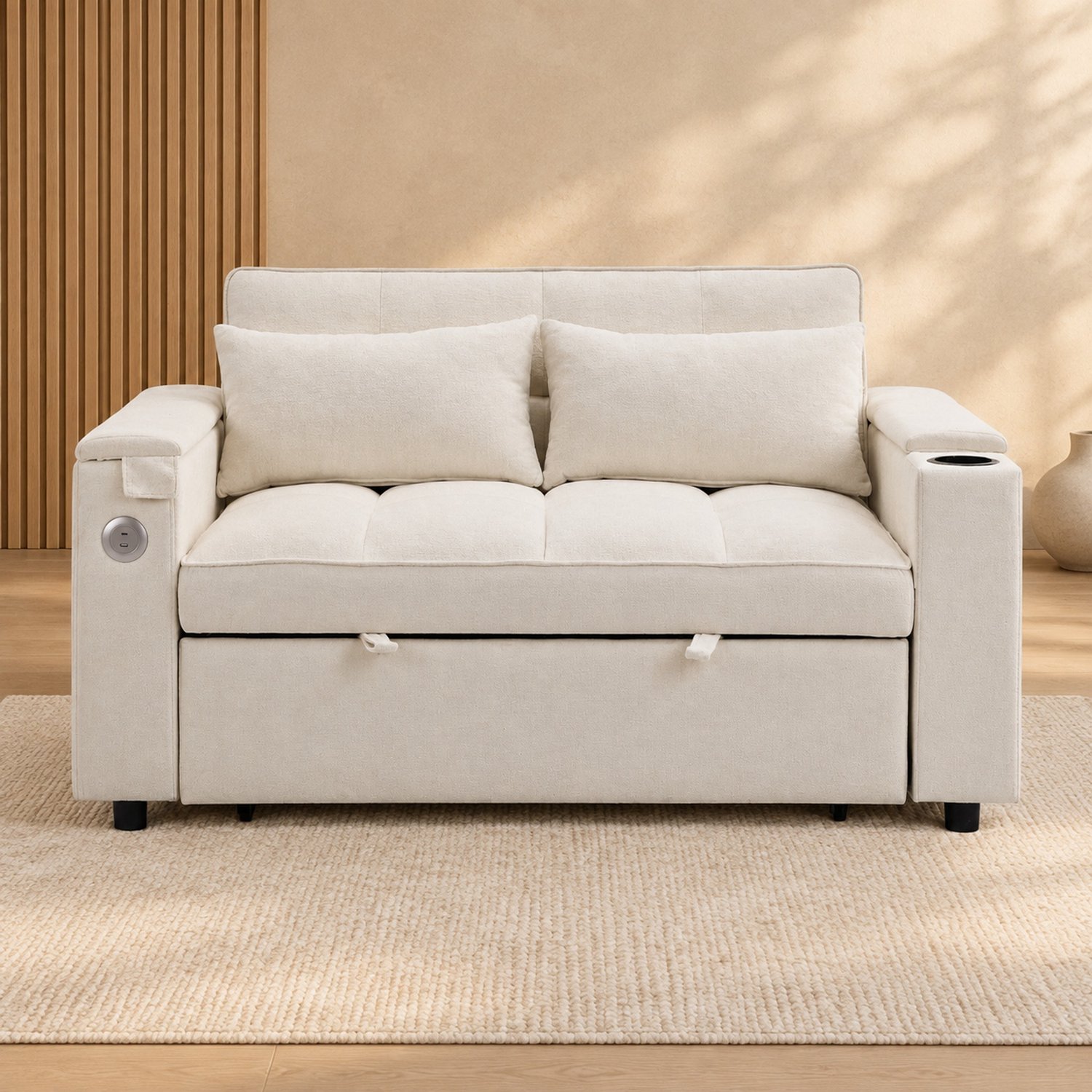 WUVRIE 2-zits slaapbank 140,5x74x82 cm - Verstelbare rugleuning, USB en USB-C - Beige