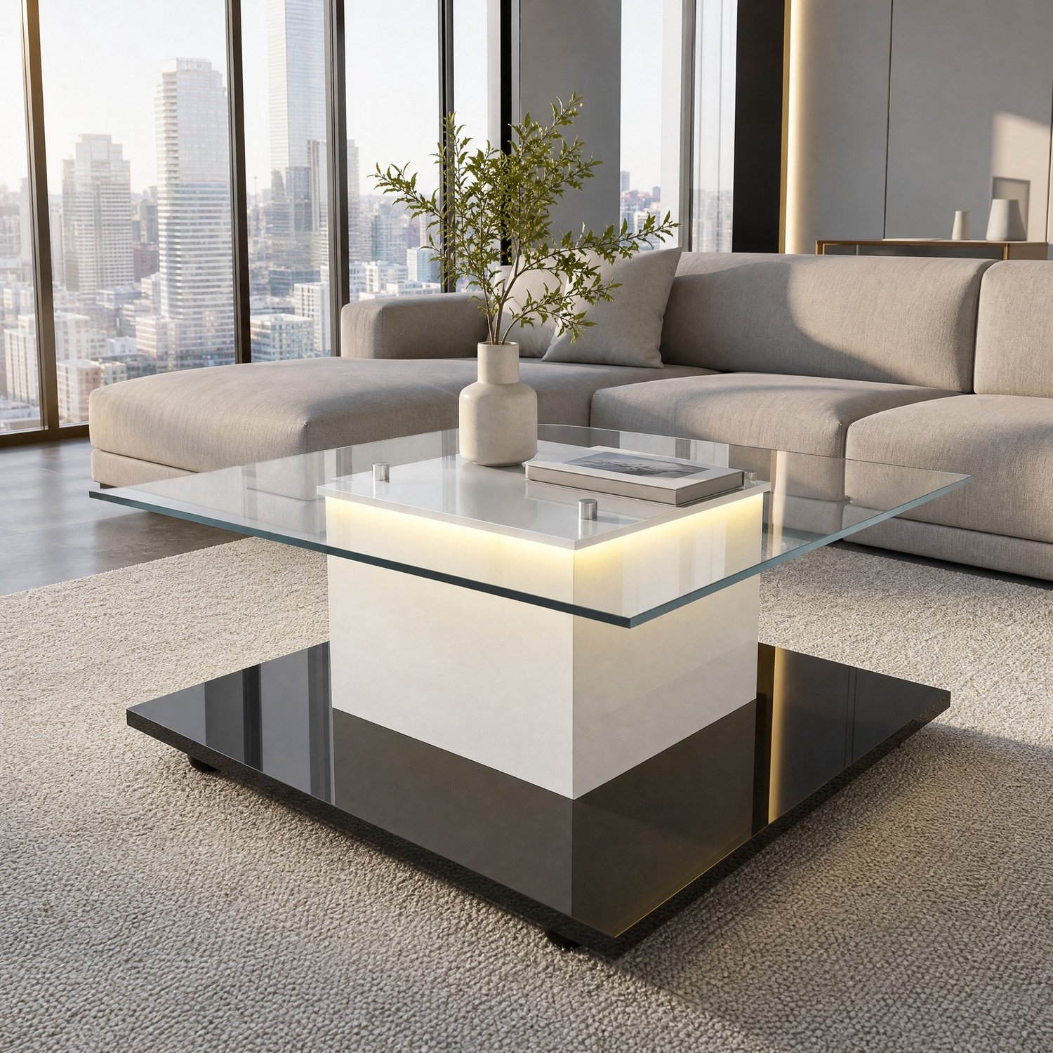 Maisentiel Salontafel 80 x 80 x 40 cm met LED-verlichting en wielen - glas - wit/zwart
