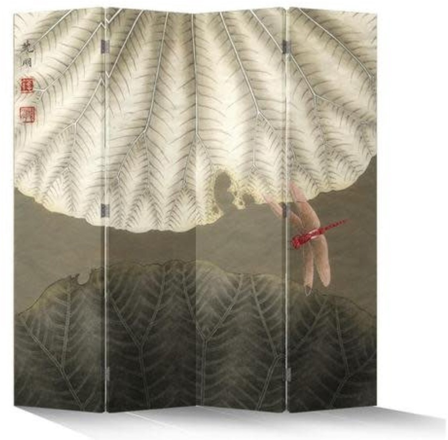 Fine Asianliving Chinees Kamerscherm Oosters Scheidingswand B160xH180cm 4 Panelen Vintage Rode Libelle Grijs