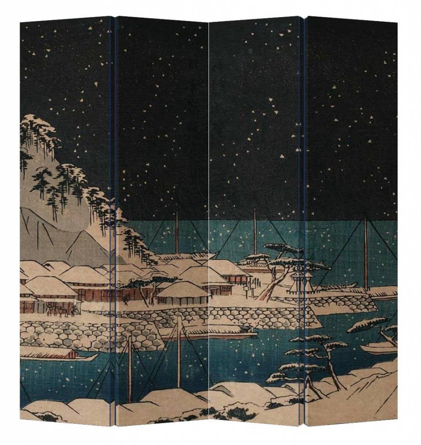 Fine Asianliving Japans Kamerscherm Oosters Scheidingswand B160xH180cm 4 Panelen Japanse Haven Nacht Zwart, Multicolour