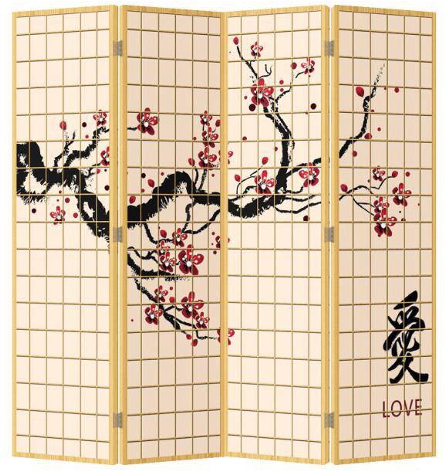 Fine Asianliving Japans Kamerscherm Oosters Scheidingswand B160xH180cm 4 Panelen Sakura Love Multicolour, Naturel