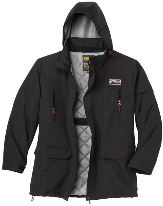 Zwarte parka met capuchon, grijze gewatteerde voering en 'OUTDOOR EXP' logo.