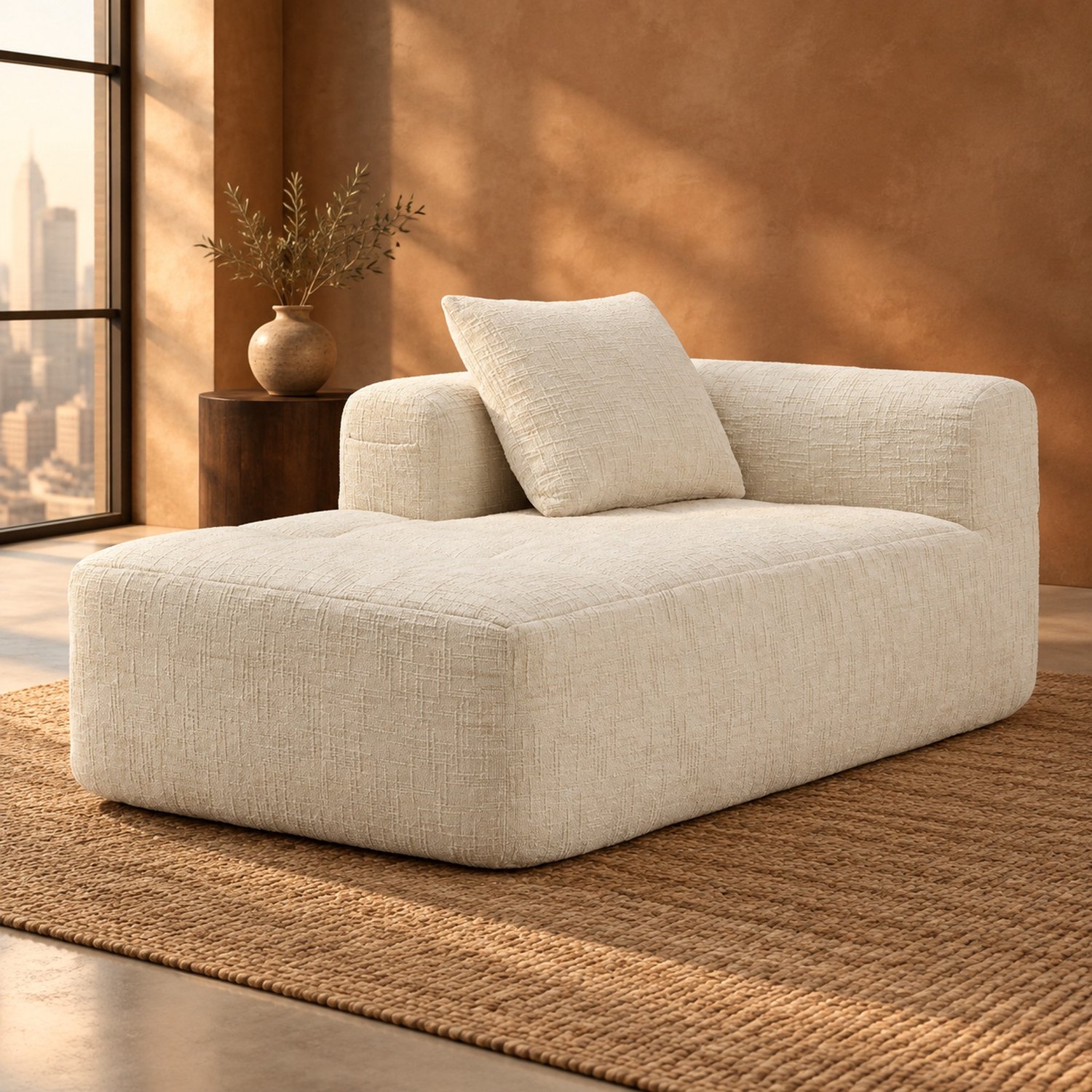WUVRIE Chaise longue 158x90x60 cm - Chenille met zijvakken en kussen - Beige