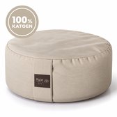 Rond beige Ryce meditatiekussen van 100% katoen met een bruin merklabel en een robuuste draagband.