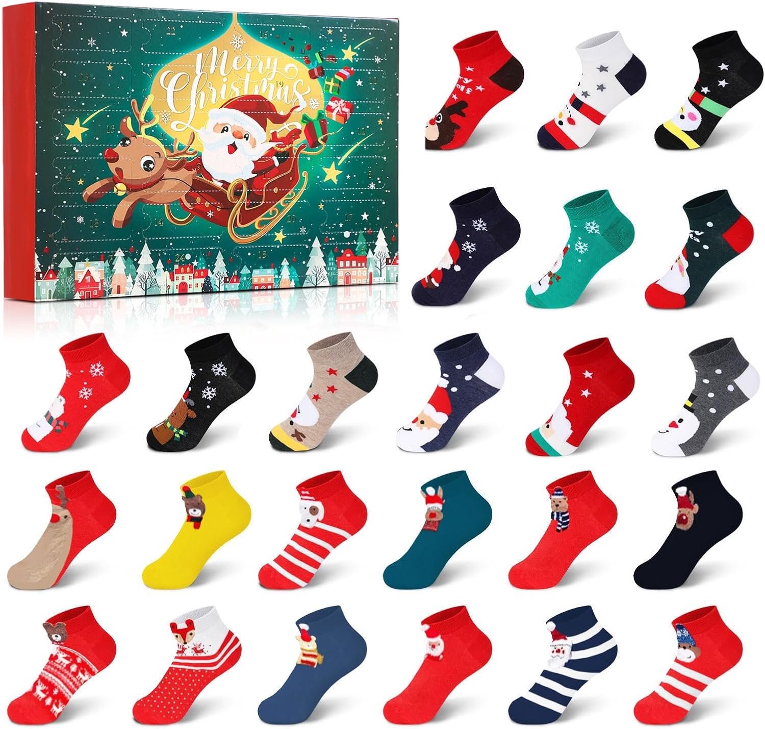 Adventskalender 2026 set van 12/24 paar unisex kerstsokken – Leuke kerstmotieven – Katoen – Feestelijke adventskalender – Veelkleurig – Warme sokken – Kerstcadeau voor dames en heren