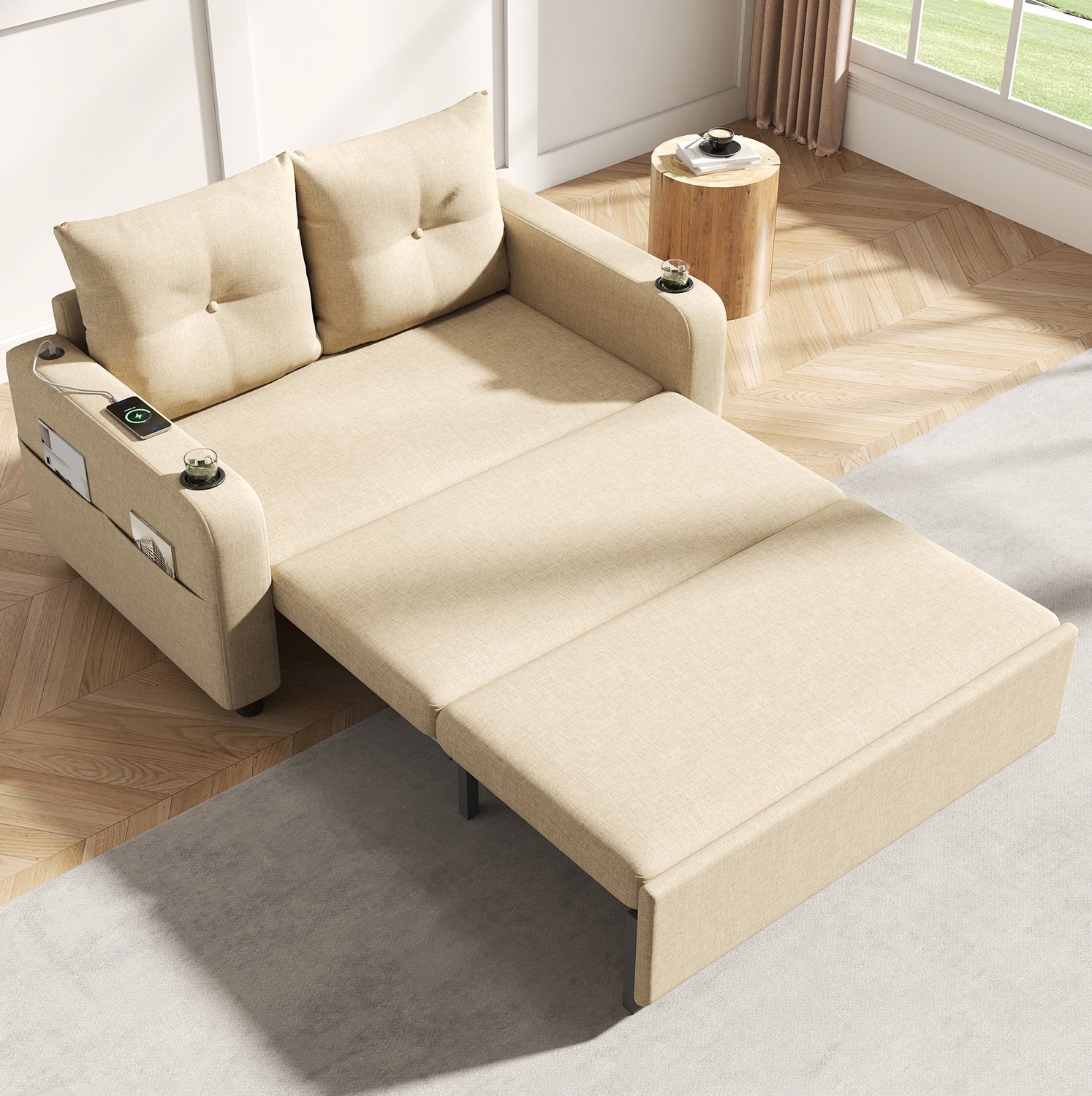 Wishdor Slaapbank 3-in-1 - Uitklapbare 2-zitsbank met slaapfunctie - USB- en Type-C-aansluiting - Bekerhouders en zijvakken - Woonkamer logeerkamer - Polyester - Beige - 131 x 81 x 94 cm