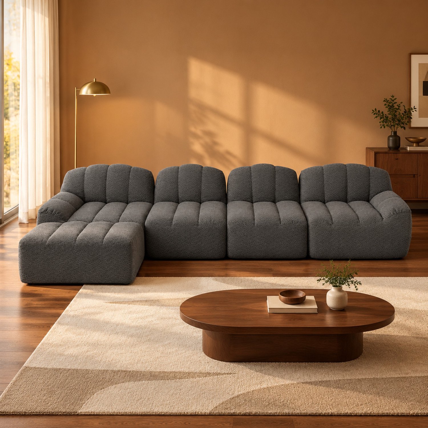 WUVRIE Modulaire hoekbank 366x165 cm - 4-zits met ottoman en 32D schuimvulling - Grijs