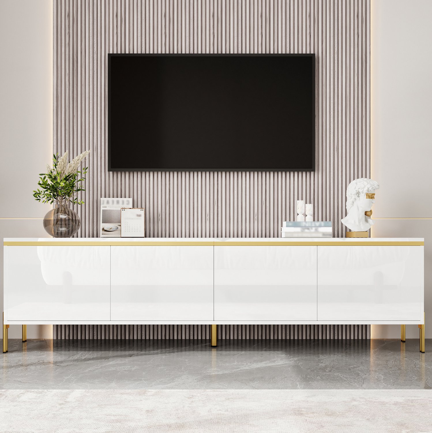 Maisentiel TV-meubel 170 cm met 4 deuren, kabeldoorvoer, spaanplaat en gouden accenten - wit