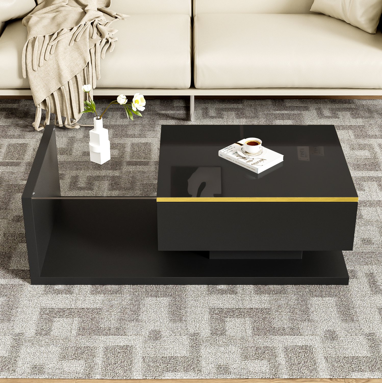 Maisentiel Salontafel 100 x 50 cm met 16-kleuren-led, glas en opbergruimte, hoogglans zwart
