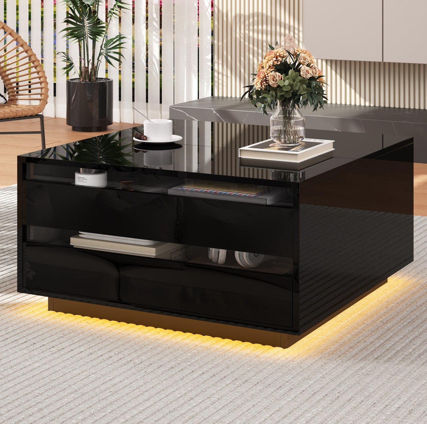 Maisentiel Salontafel 70 x 70 cm met hefblad, LED, lade en opbergruimte, zwart