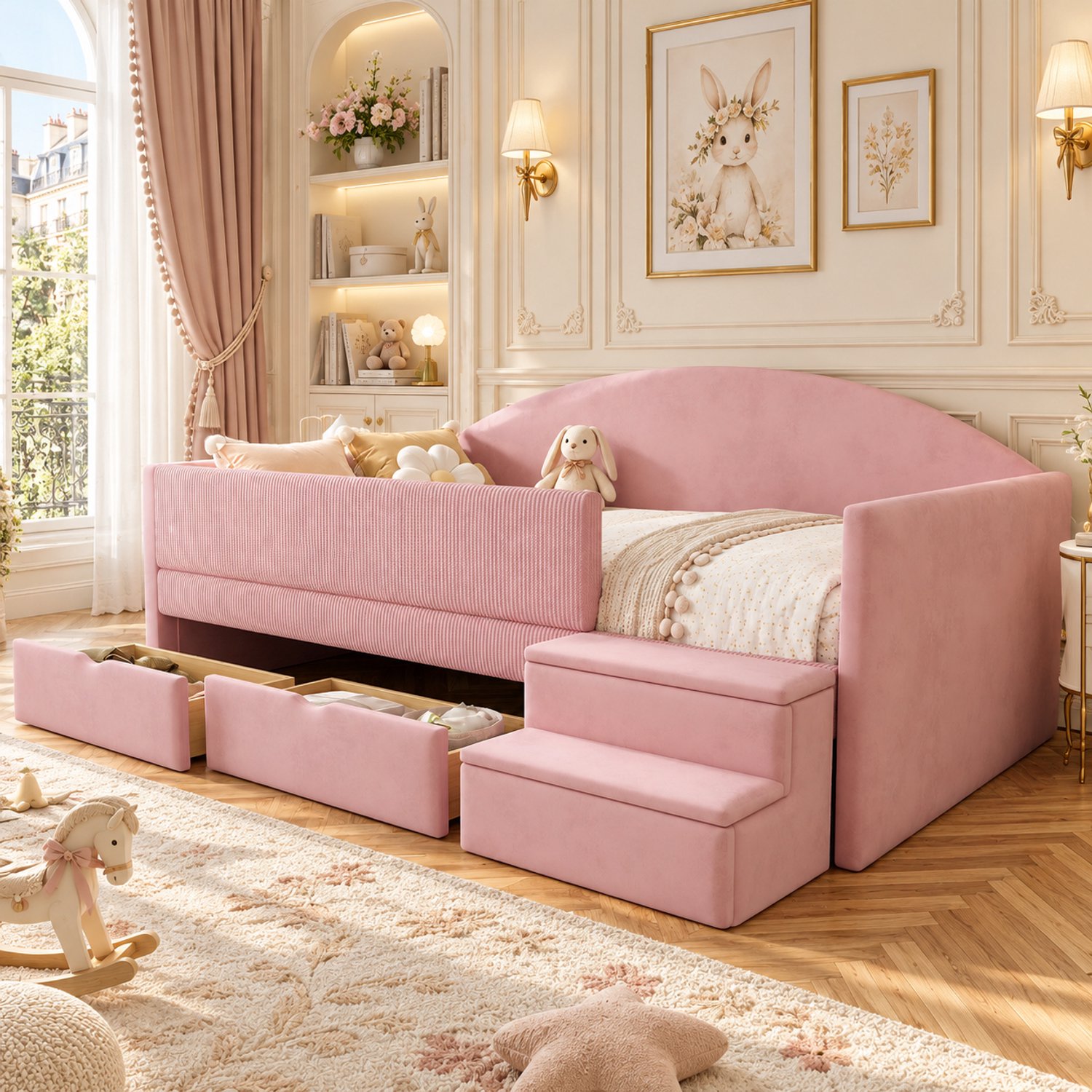 Welltin Eenpersoonsbed 90x190 cm - Kinderbed - Gestoffeerd bed - Multifunctioneel bed - Opbergbed - Met lades - Met vangrails - Met Bedtrapje - Fluwelen stof - Roze