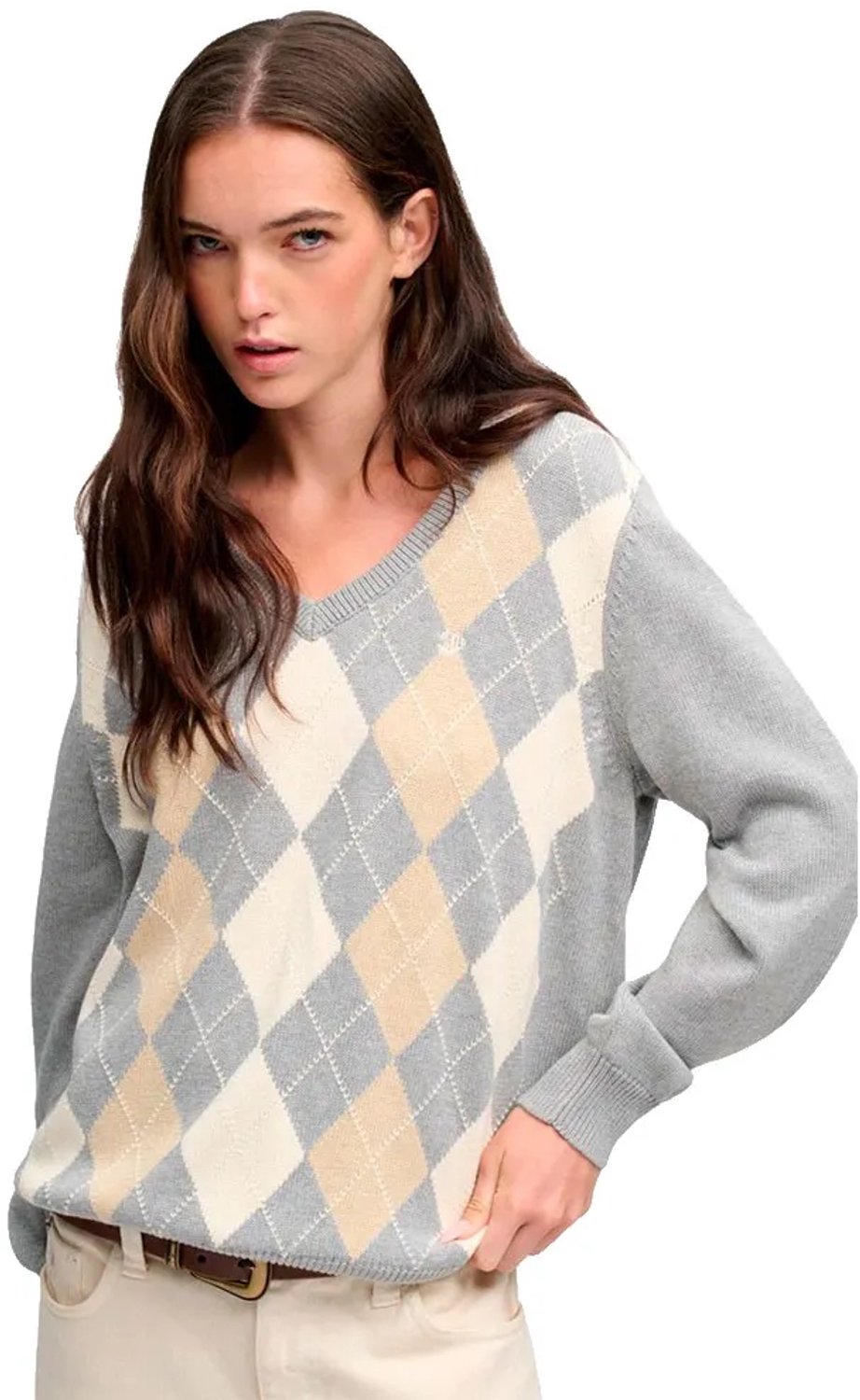 Superdry Argyle Trui met V-hals Relaxed Pasvorm Dames Sweaters Grijs