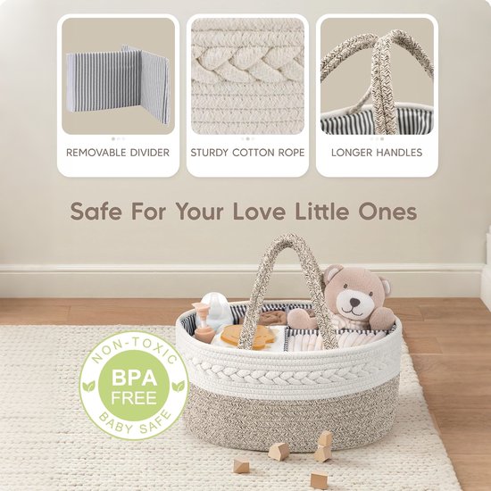 Kraammand - Baby Mand - Met drie vakken - Babyshower - Kraamcadeau meisje of jongen - Mooi, praktisch en overzichtelijk - Wit en bruin — afbeelding 4