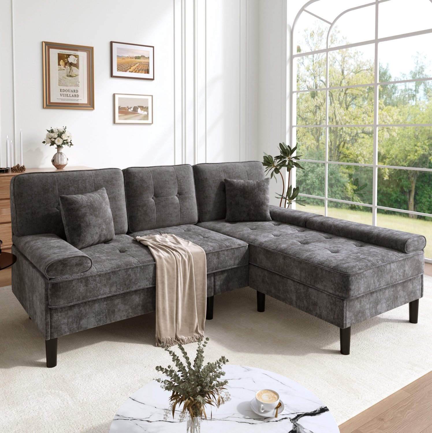 FloraGrace Hoekbank 195 Cm - Modulaire 3-Zits Met Verplaatsbare Hocker En Slaapfunctie - Voor Appartement - Chenille - Antiekgrijs