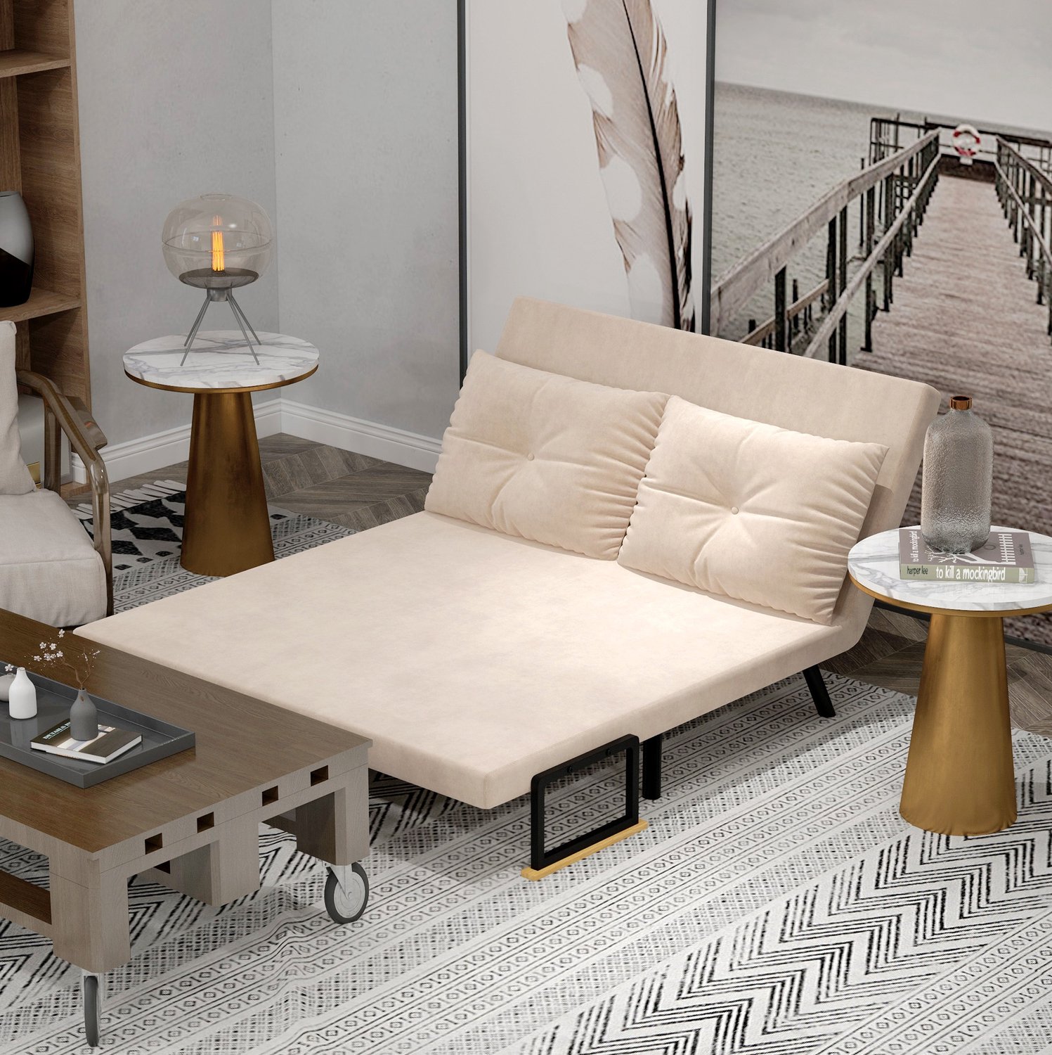WUVRIE Slaapfauteuil 102x73x81 cm - 5-voudig verstelbare rugleuning en bedfunctie - Beige