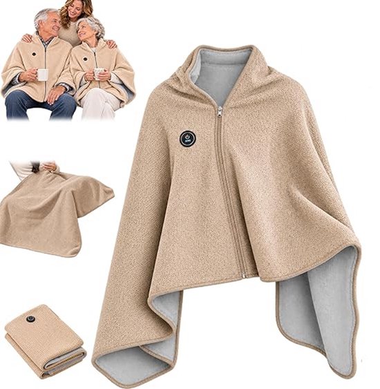 Beige, verwarmde omslagdoek met rits, grijze voering en ronde aan/uit-knop. Gedragen door een koppel.