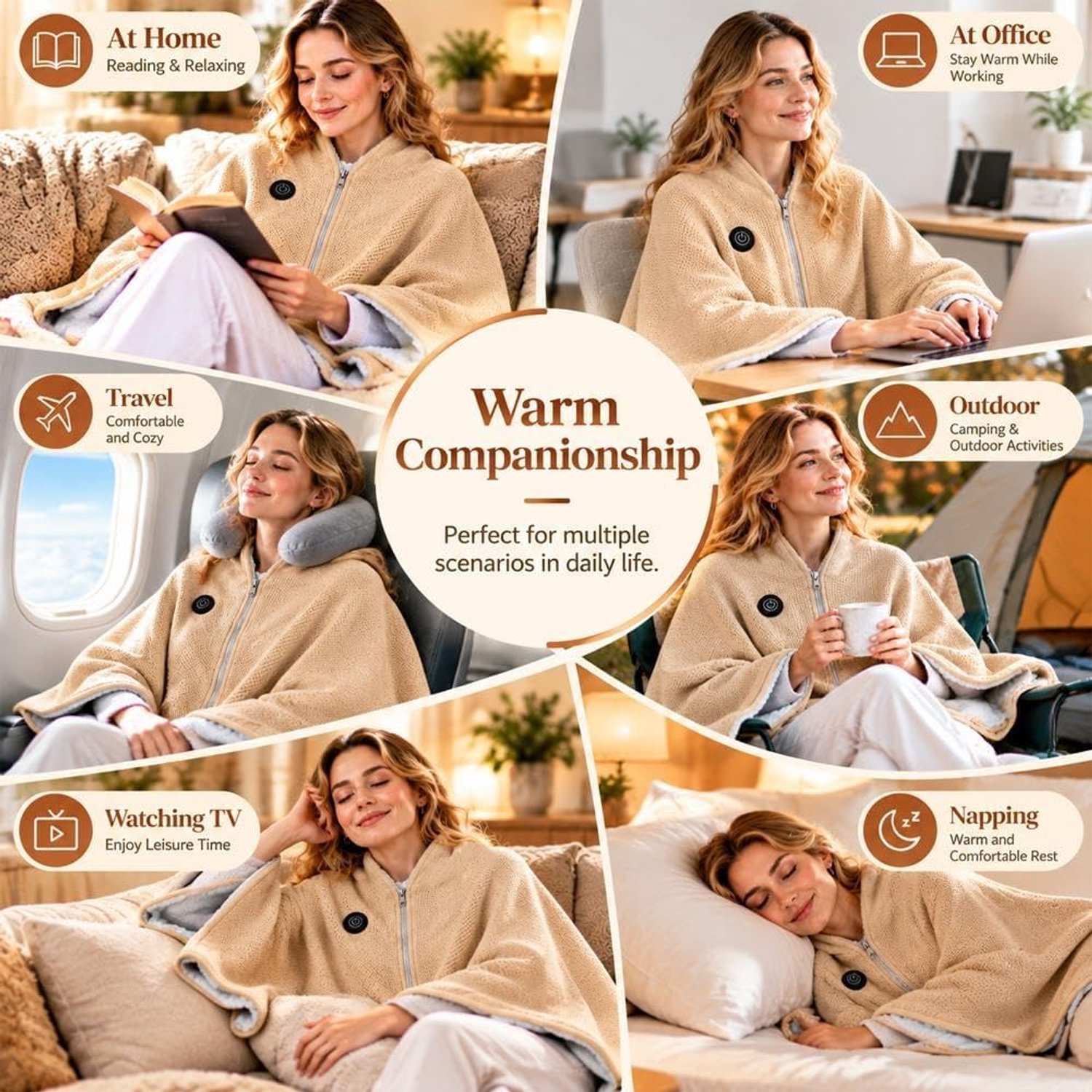 Elektrische Deken - 1 Stuk - 150× 80cm - Verwarmde Omslagdoek - 3 Standen - Oplaadbare Elektrische Deken - USB-Oplaadbaar - Ritssluiting - Winter Verwarmaccessoire - Geschikt Voor Thuis, Op Kantoor, Op Reis En Voor Ontspanning - Beige – foto 2