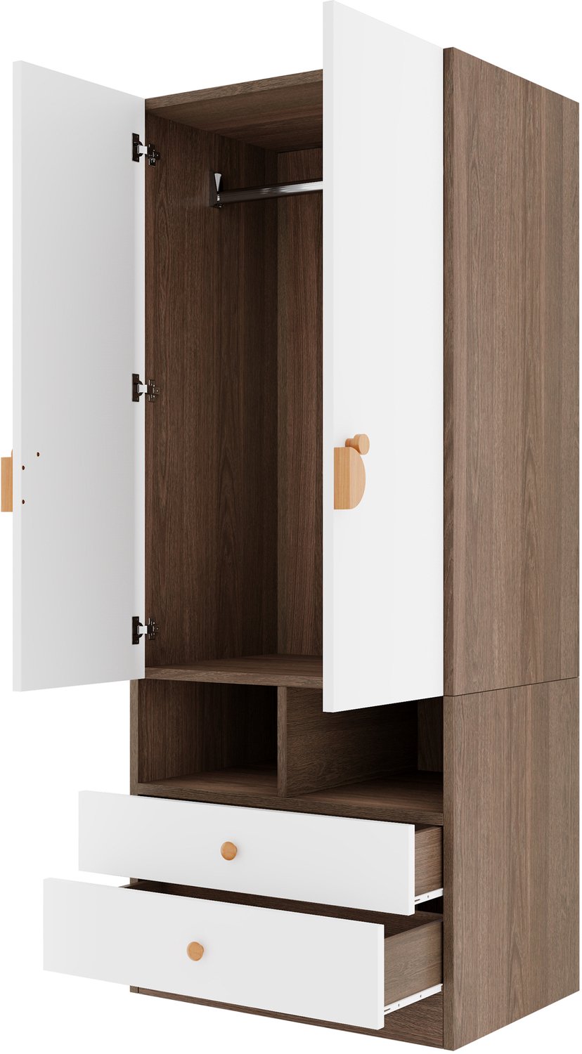 Tweedeurs Kledingkast - 70 x 50 x 170 cm - Met Twee Lades En Kleine Opbergvakken - Houtkleur En Wit - Multiplex En MDF Voor De Slaapkamer