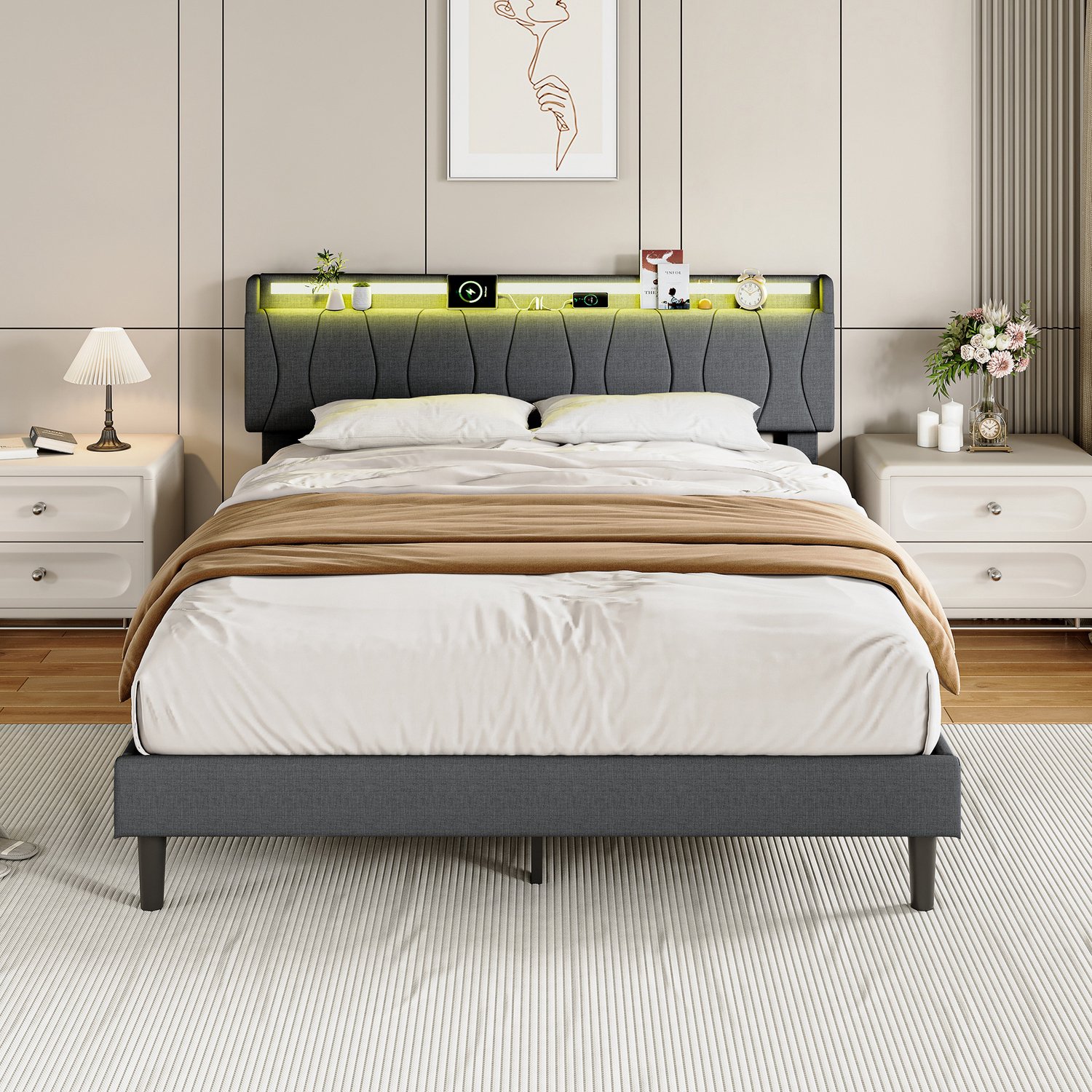 Gestoffeerd bed 160x200 cm, Tweepersoonsbed met Lattenbodem, hoofdbord met ledverlichting en USB- en Type-C-aansluiting, Grijs Linnen, Zonder matras