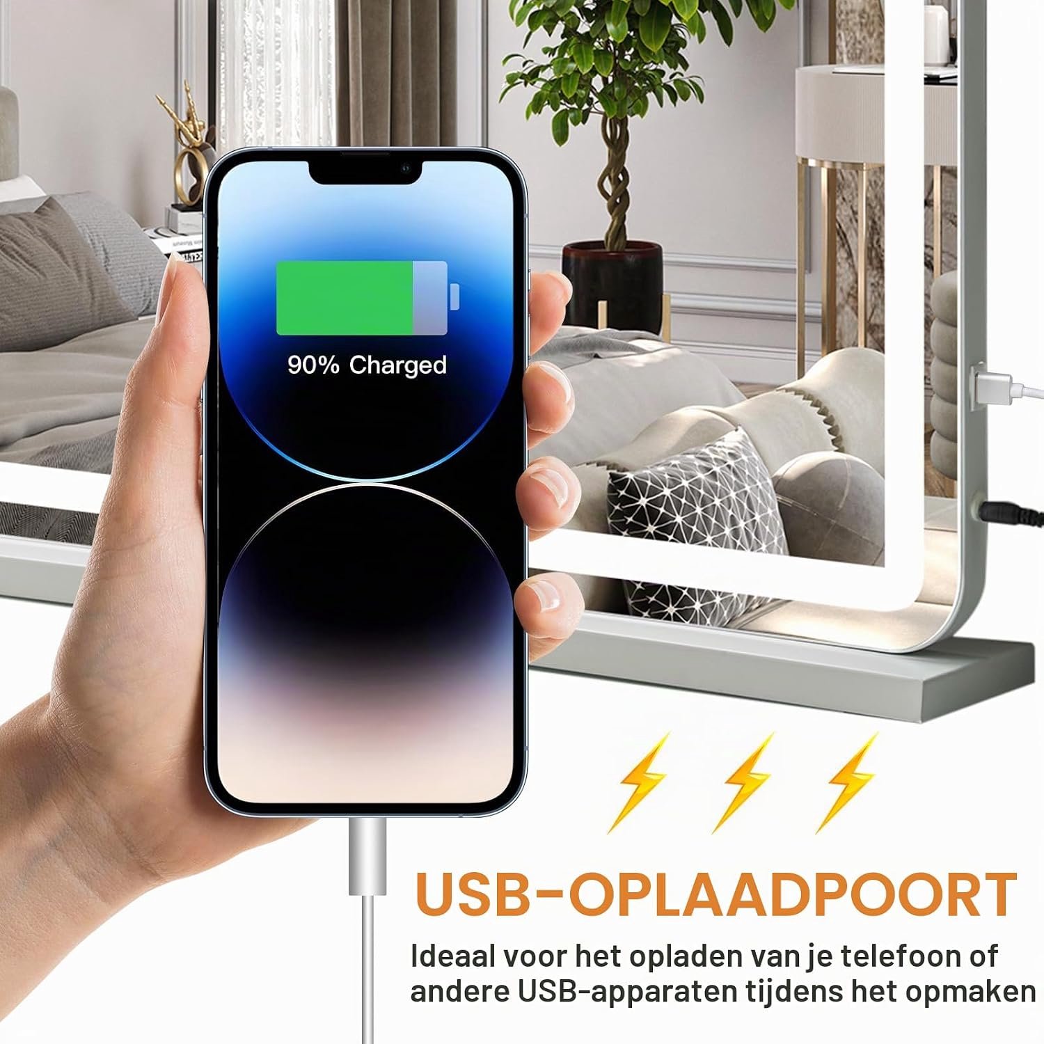 Luxe Hollywood Make-upspiegel 80 x 57 cm met Dimbare LED Verlichting, 3 Lichtstanden, Touchbediening, Geheugenfunctie, USB-oplader en Wand- of Tafelmontage