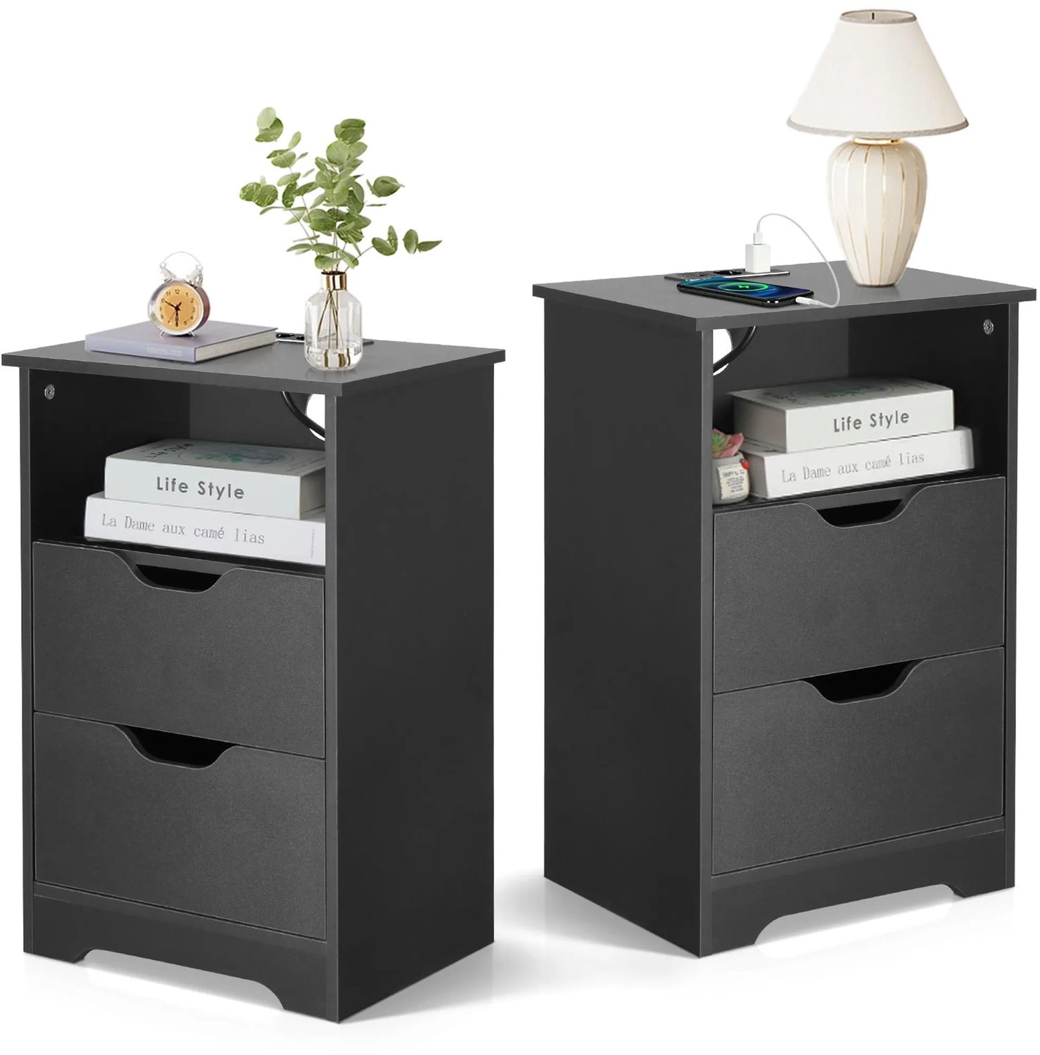 LEADZM Set van 2 Nachtkastjes met 2 lades - Zwart - 40 x 30 x 60 cm