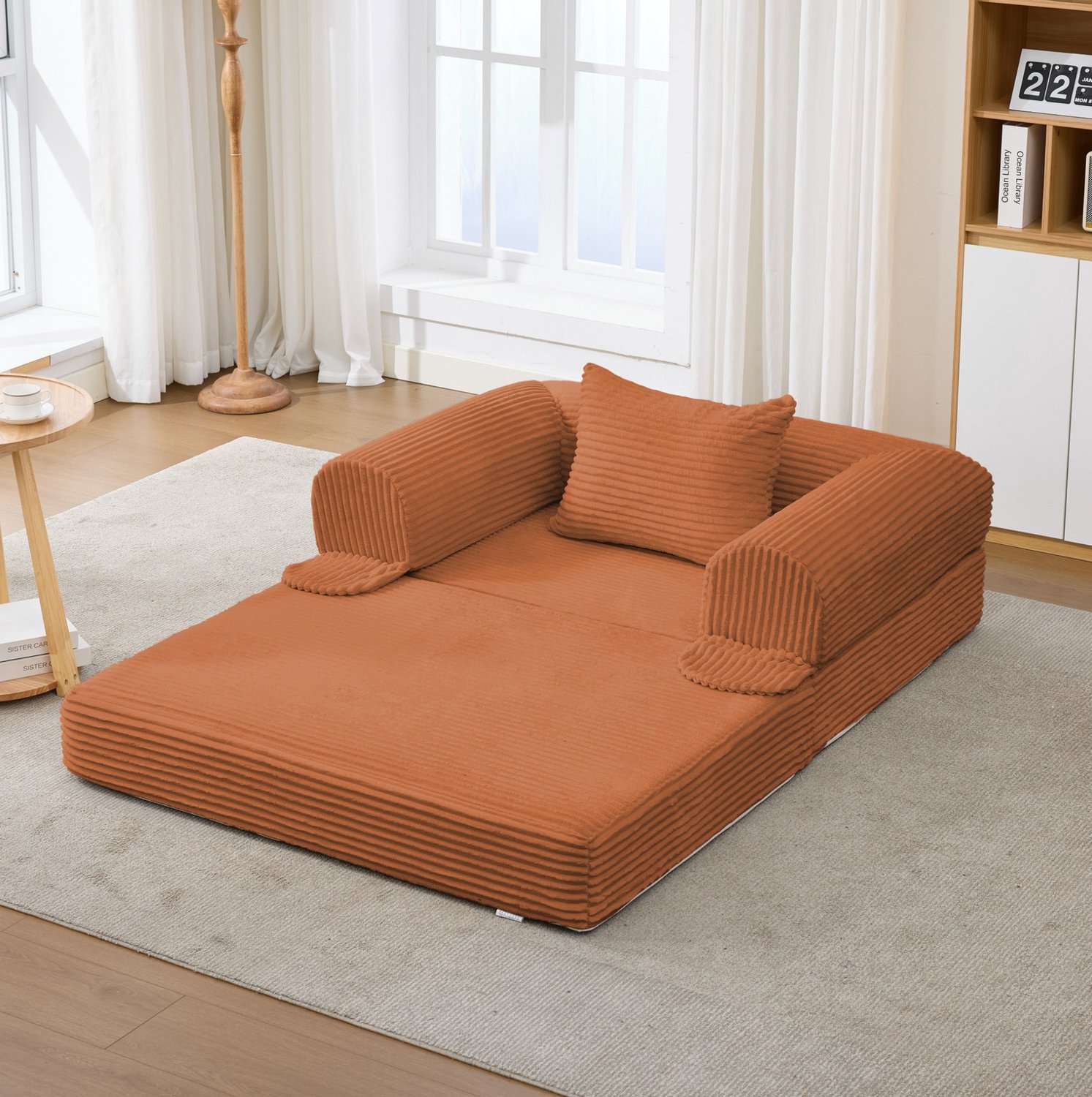 Wishdor Slaapbank eenpersoons - Zonder gereedschap omvormbaar - Inclusief kussen - Ruimtebesparend voor woonkamer slaapkamer appartement - Cordstof - Oranje - 120 x 85 x 65 cm