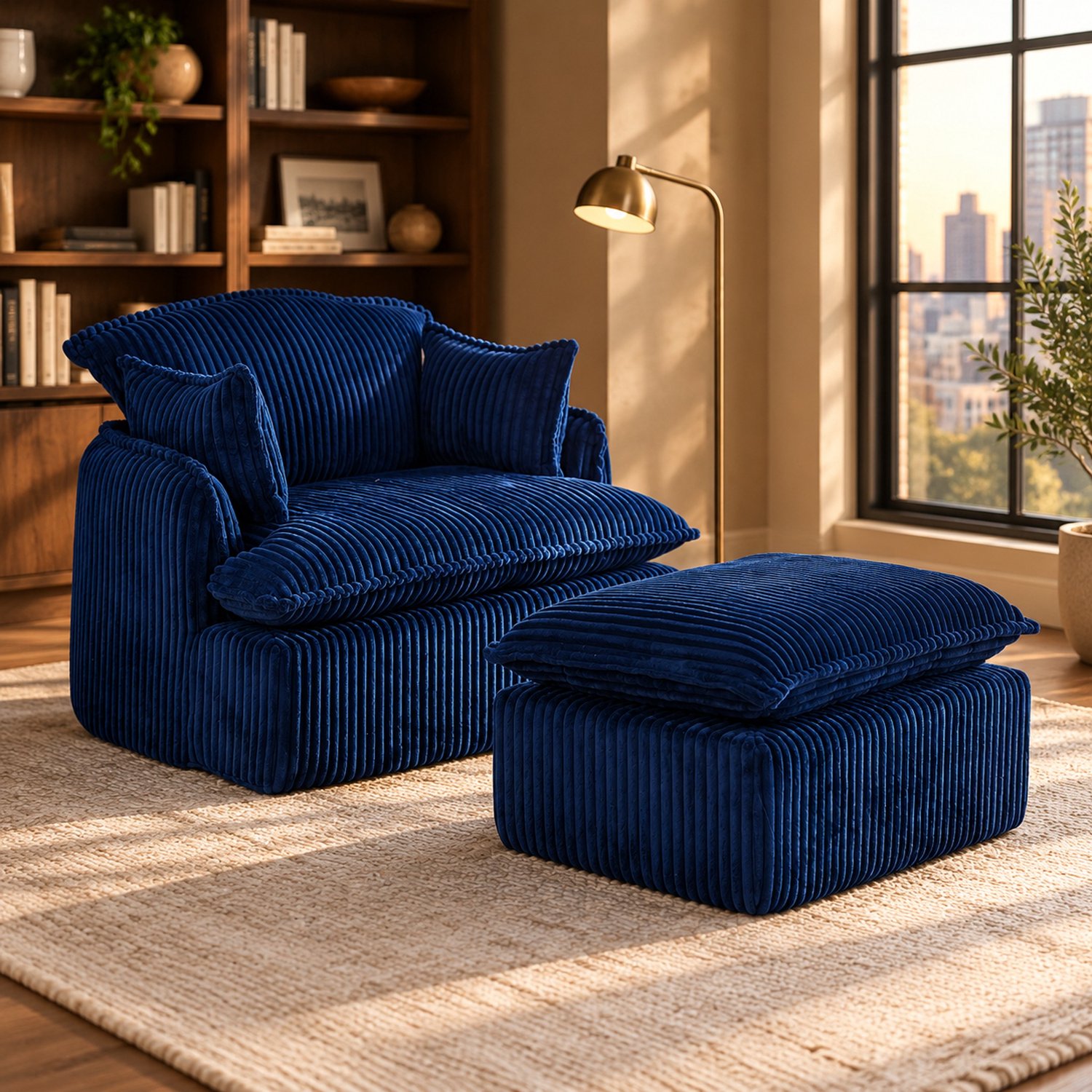 WUVRIE Fauteuil met hocker 115x89x77 cm - Zachte stof en schuimvulling - Blauw