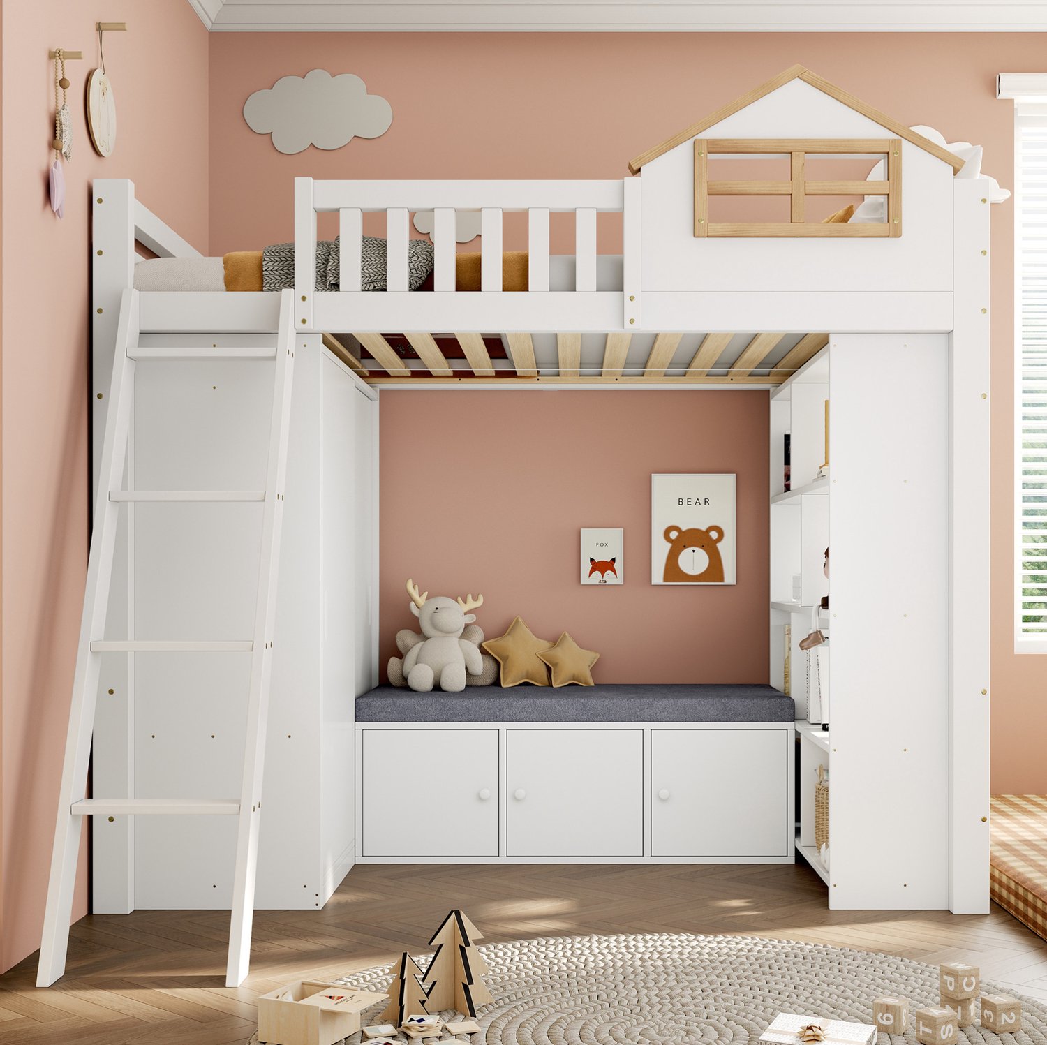 Wishdor Hoogslaper 90x200 cm - Huisdesign met ladder en valbeveiliging - Kledingkast, open vakken en zitbank met opbergruimte - Kinderkamer - Hout en MDF - Wit en naturel