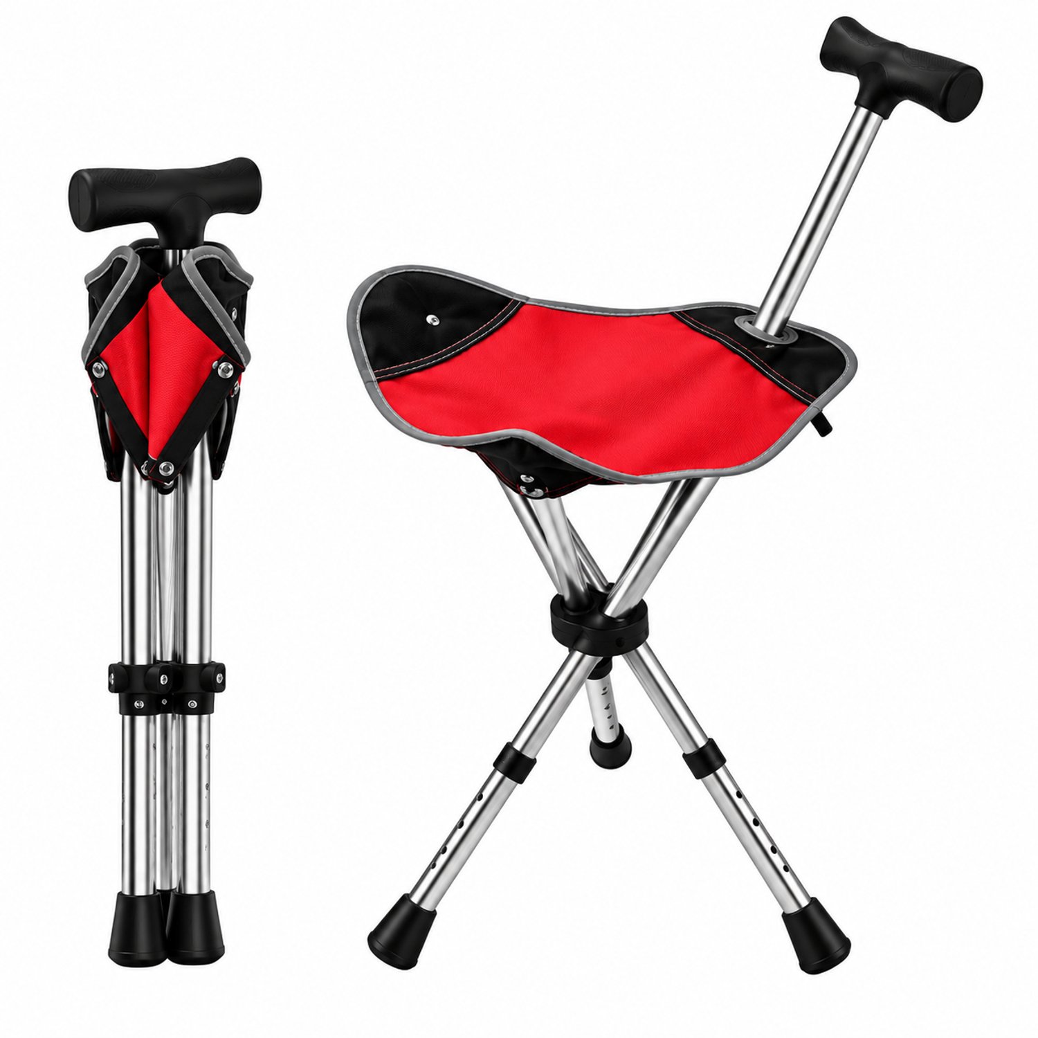 DPLUNIQ Kruk - Wandelstok - Loopkruk - Loopstoel - 2 in 1 - 3 Poots - Hoogte Verstelbaar - Max 150kg - Opvouwbaar - 1,1kg - Rood