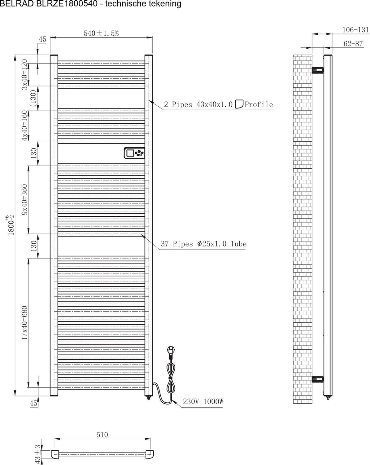 BELRAD elektrische handdoekradiator – Smart WiFi – digitale thermostaat – 1000W – 1800x540 mm – mat zwart