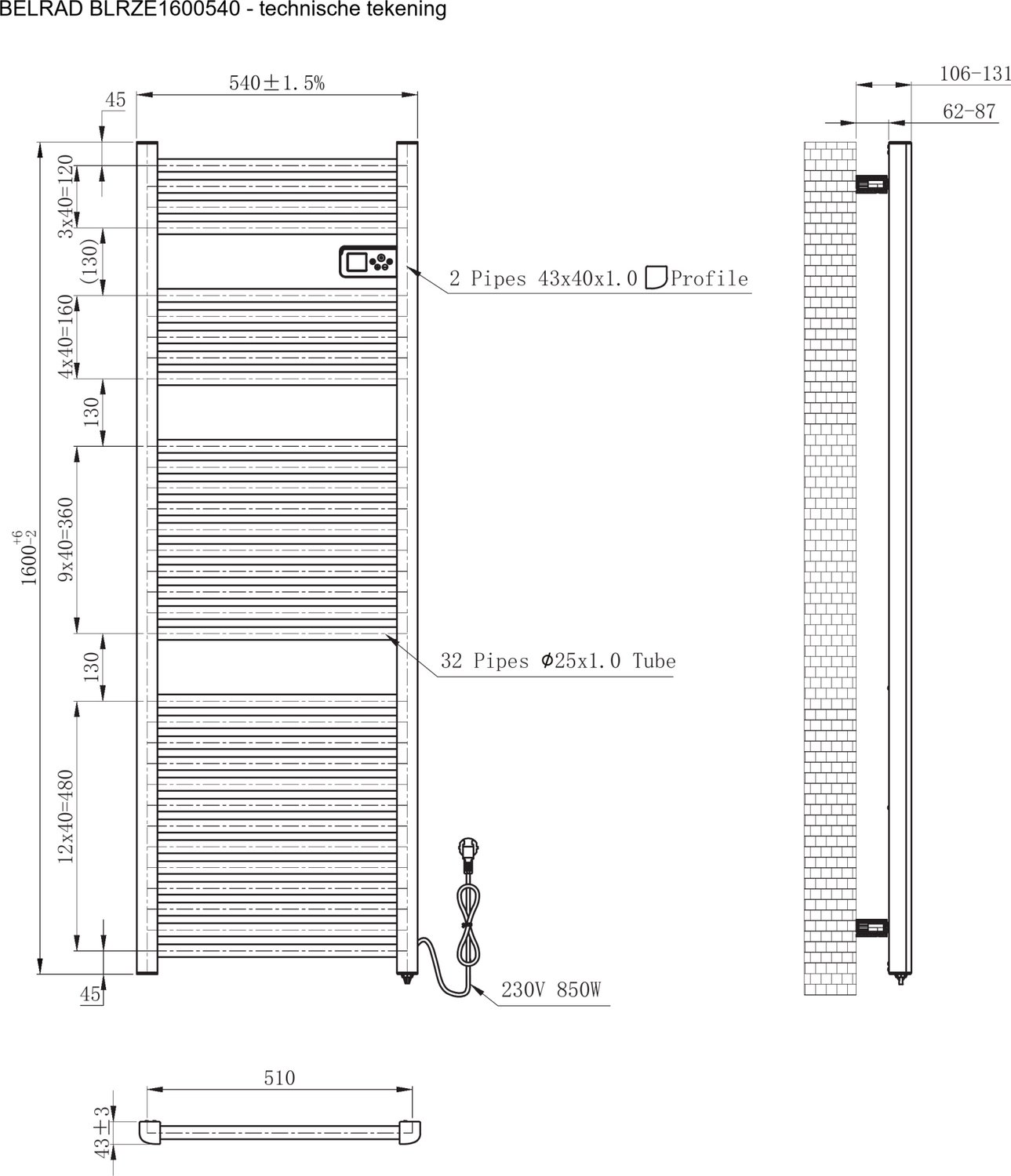 BELRAD elektrische handdoekradiator – Smart WiFi – digitale thermostaat – 850W – 1600x540 mm – mat zwart