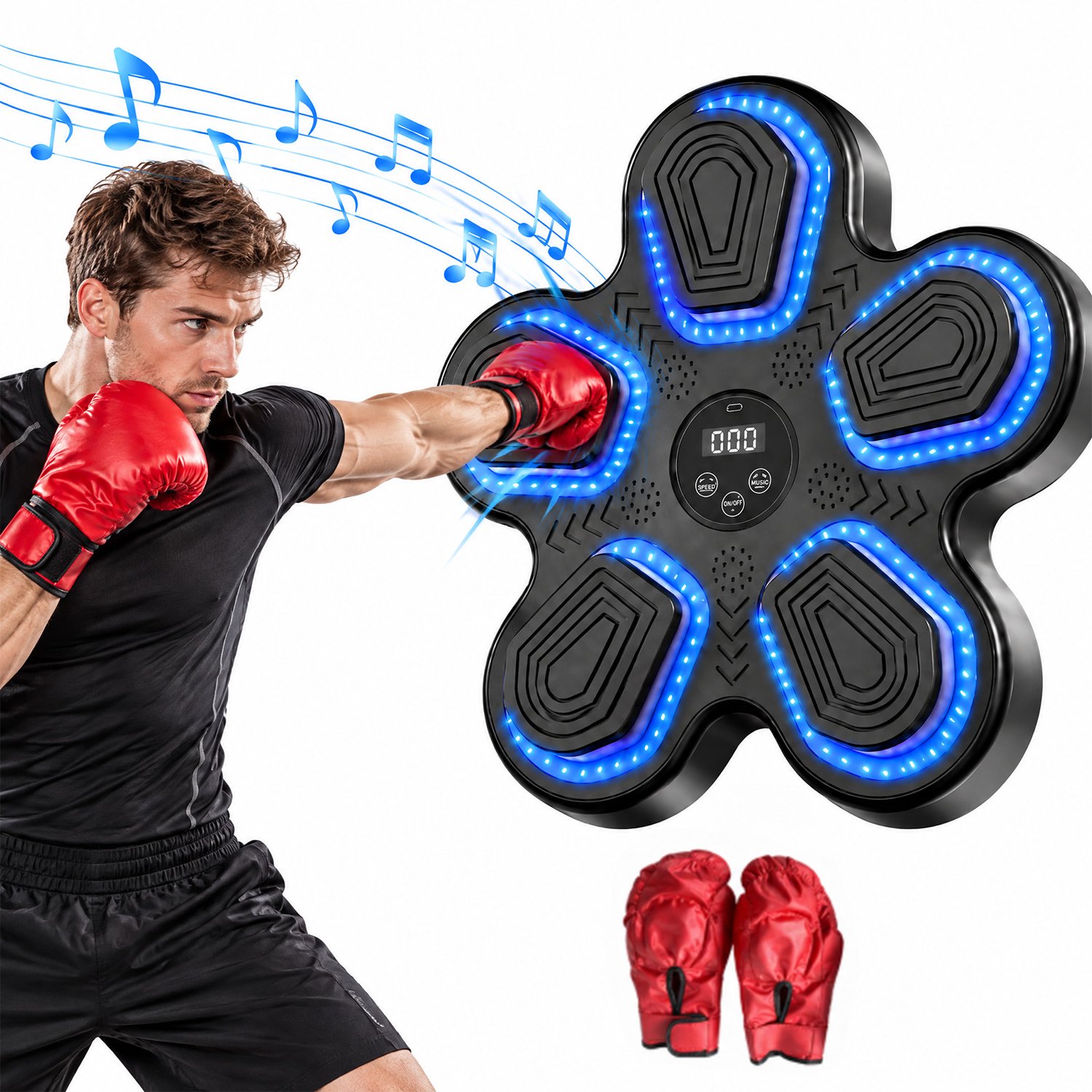 Starfish Smart Music Boxing Target – Wandgemonteerde Bokstrainer met Rode Handschoenen, Bluetooth RGB, LED-teller voor Thuis Fitness