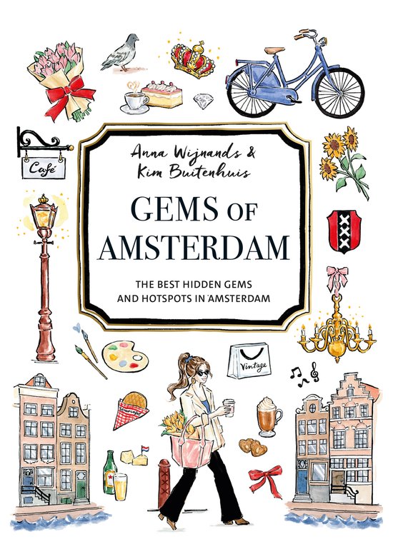 Boekomslag 'Gems of Amsterdam' met aquarelillustraties van Amsterdamse iconen en een vrouw in het centrum.