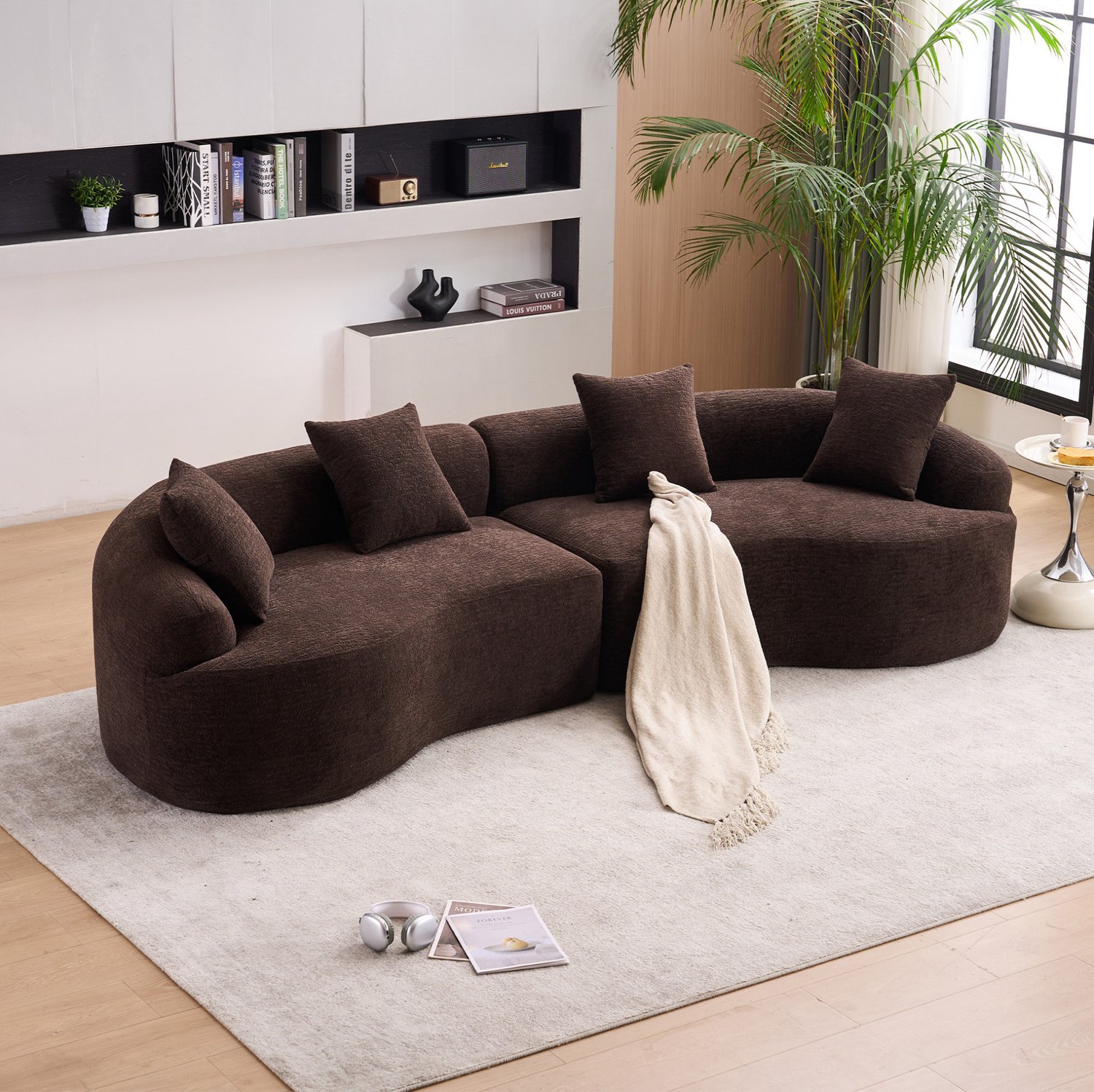 FloraGrace Hoekbank 275 x 115 x 63 cm – Modulaire 4-Zitsbank Zonder Montage – Woonkamer En Appartement – Chenille – Donkerbruin