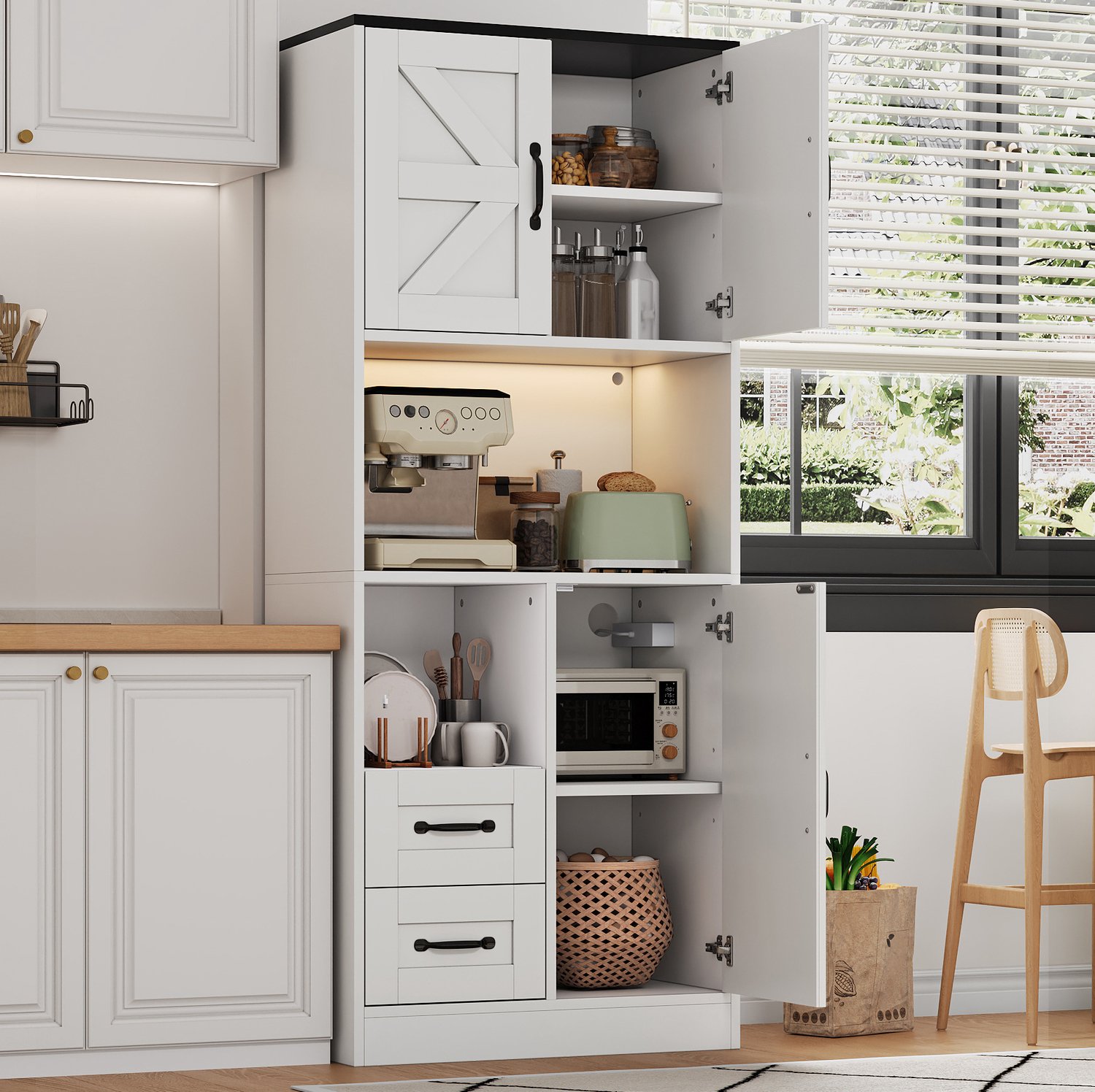 STILVORA Keukenkast - Ledverlichting En Stopcontacten - 3 Schuurdeuren En 2 Laden - Voor Keuken En Woonkamer - MDF - 72x40x173 Cm - Wit