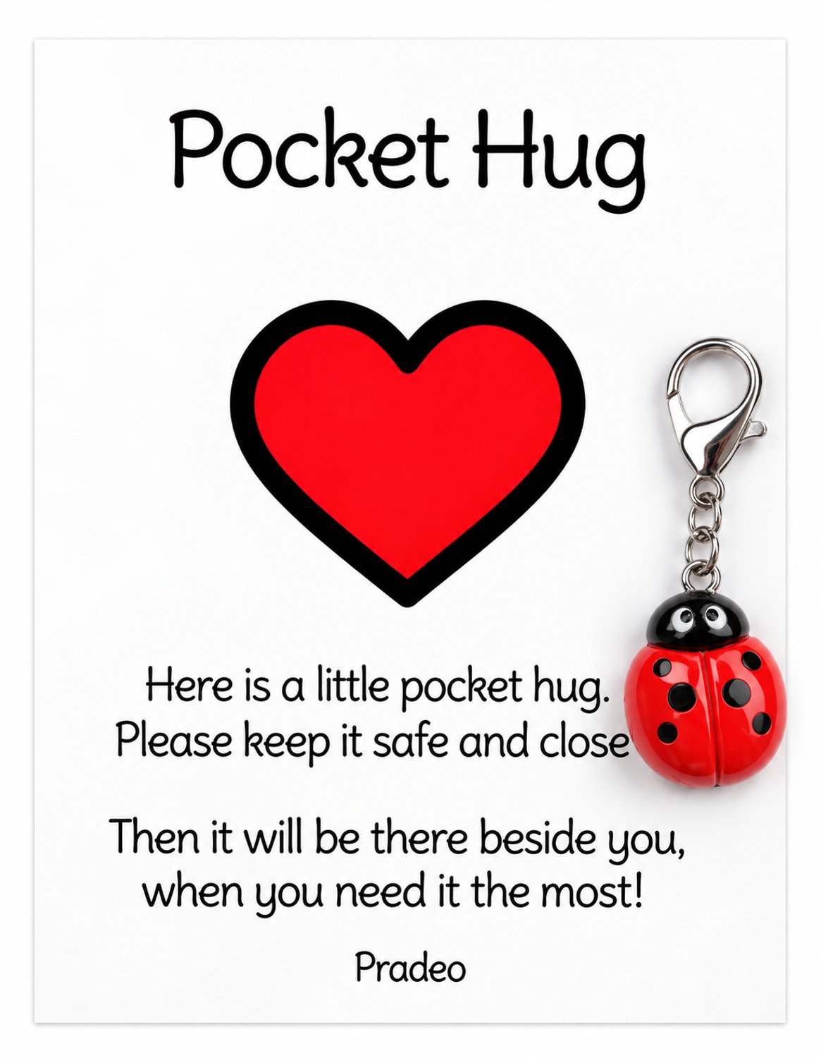 Pradeo - Lieveheersbeestje Sleutelhanger - Hangertje - Key Chain - Lady Bug - Pocket Hug - Geluk - Klein Geschenk - Bedankt Cadeautje / Kaartje - Familie, Vrienden, Collega of Meester & Juf - Met Tekstkaartje