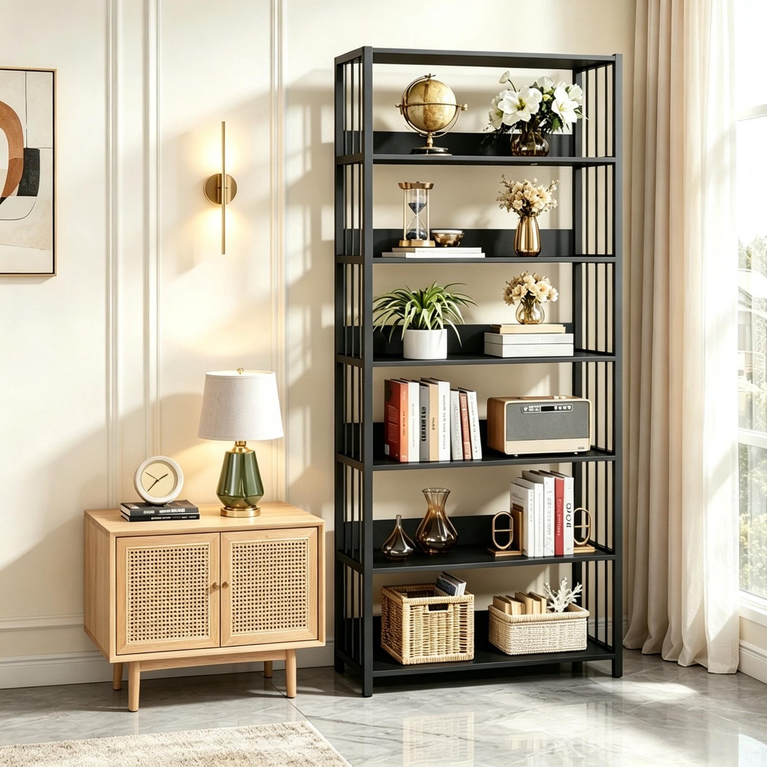 MIVRAY Boekenkast – 6 Open Legplanken – 80 x 30 x 190 cm – MDF En Metaal – Zwart – Industriële Opbergruimte Voor Woonkamer En Kantoor