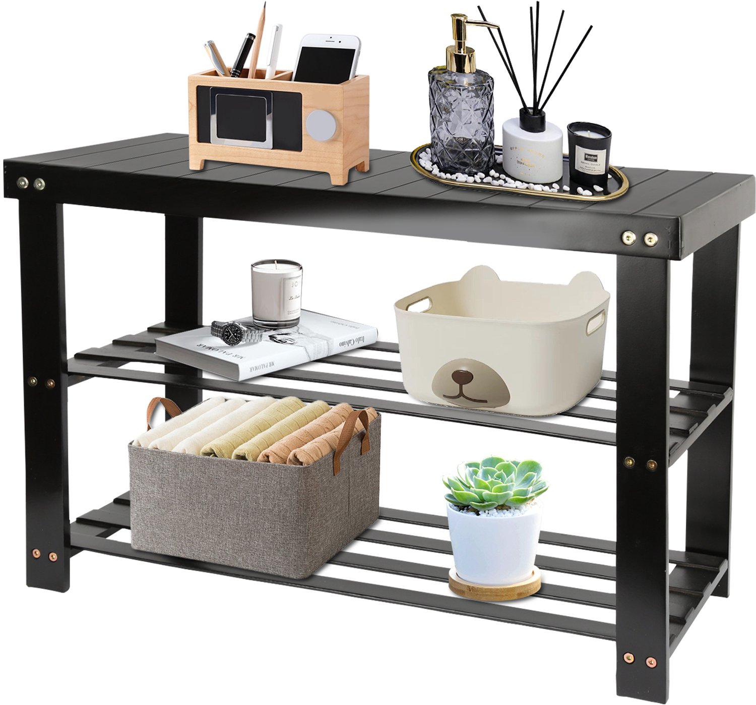 PIPIPOXER Schoenenrek - Schoenenbank - Schoenenkast - Halbank - Schoenenbank zitbank - Bamboe - 27 x 70 x 42 cm - Zwart